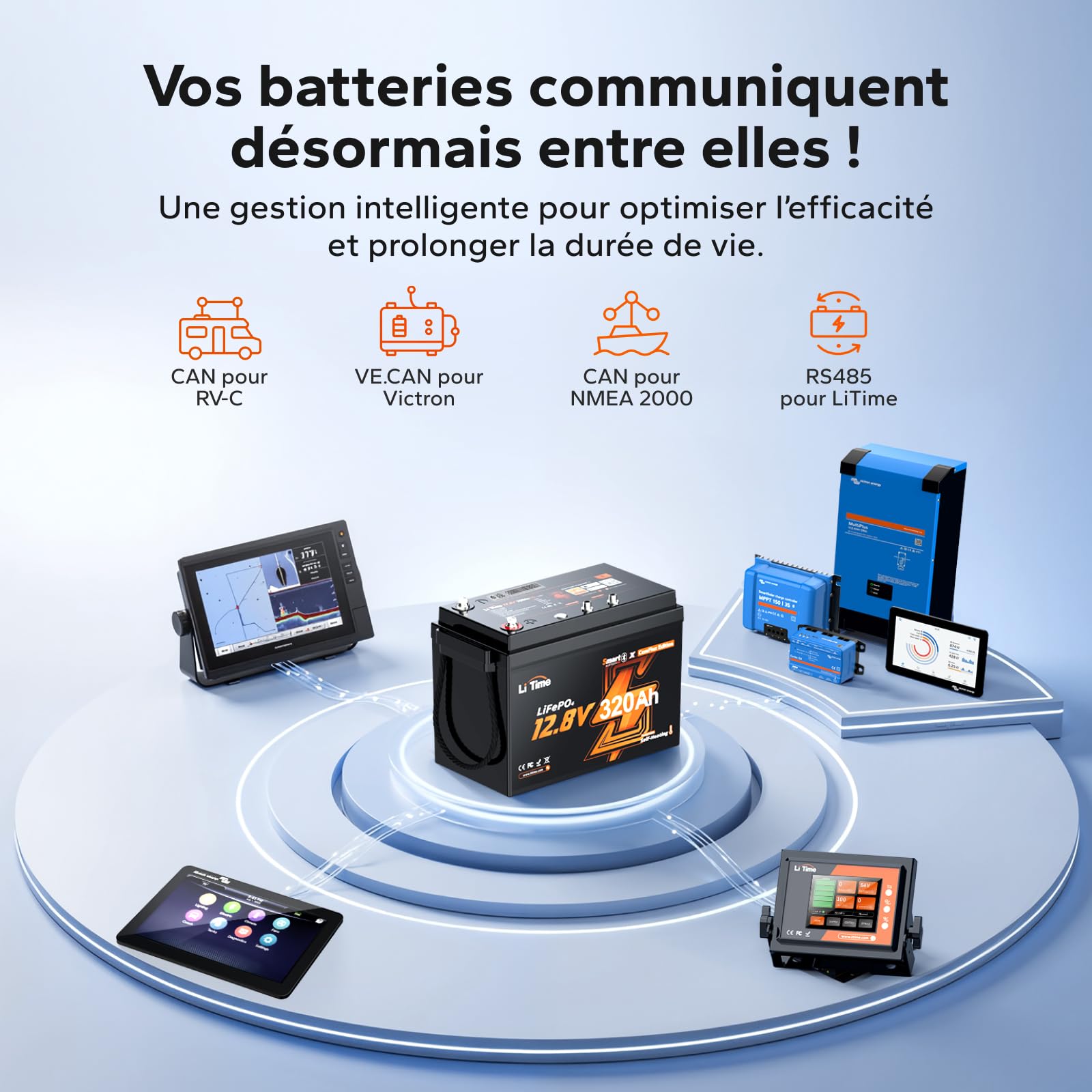 LiTime Batterie Lithium 12V 320Ah CAN/RS485 avec Bluetooth pour Camping-Car