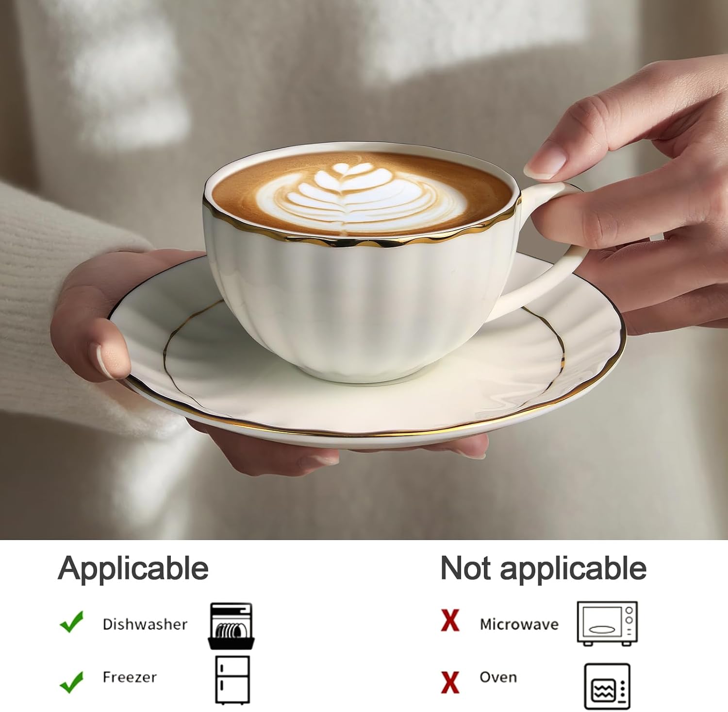 IQCWOOD Tea Cup and Saucers Set of 4(6.09oz), Bone China Tea Cups with Gold Trim, White Teacup for Tea, Milk, Latte, Mocha, Espresso, Dishwasher Safe, for Party Cafe Home - Image 3