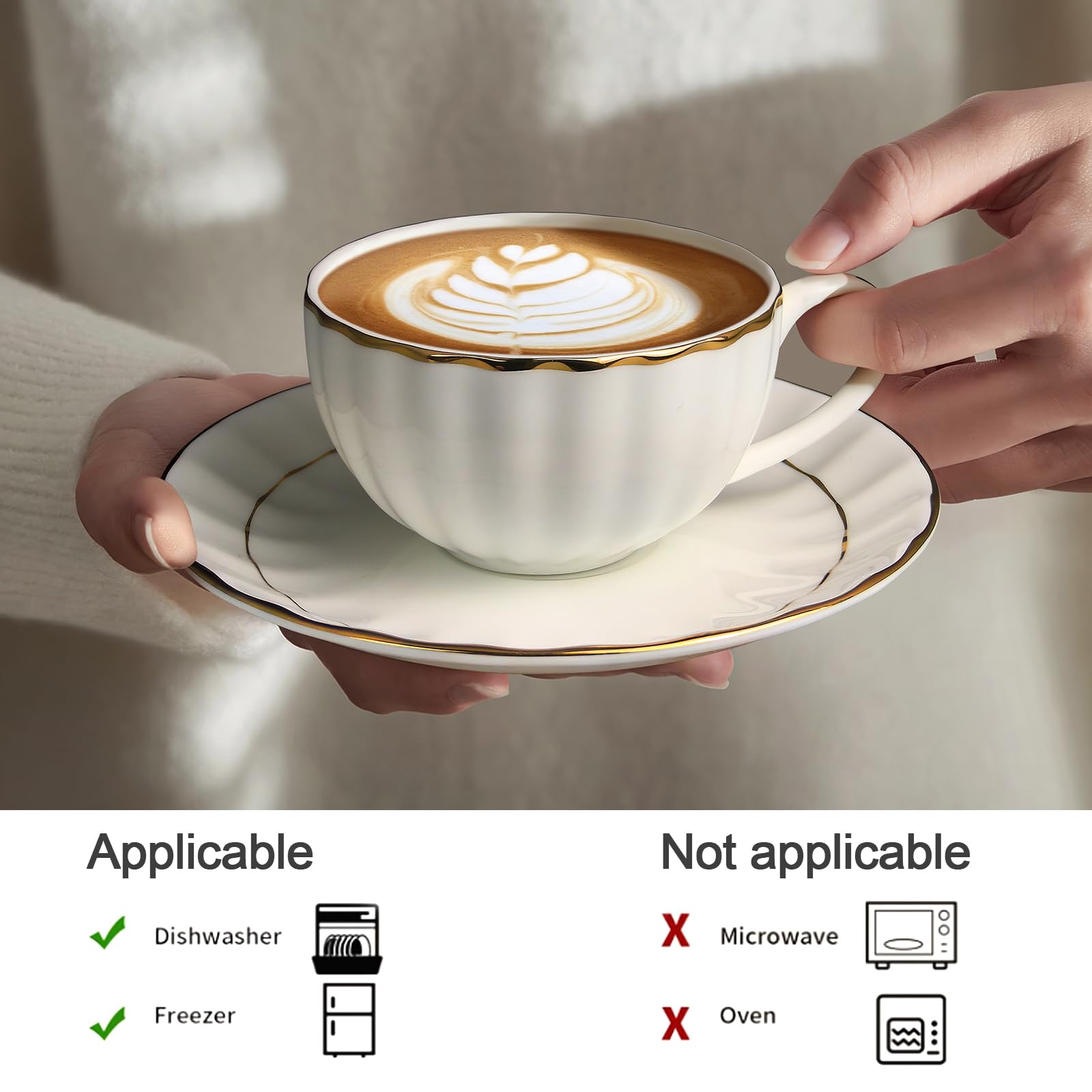 IQCWOOD Tasse à thé et soucoupes de 173 ml avec bordure dorée, tasse à thé en porcelaine anglaise pour café, cappuccino, expresso pour fête, café, maison, cadeau de fête des mères (blanc)