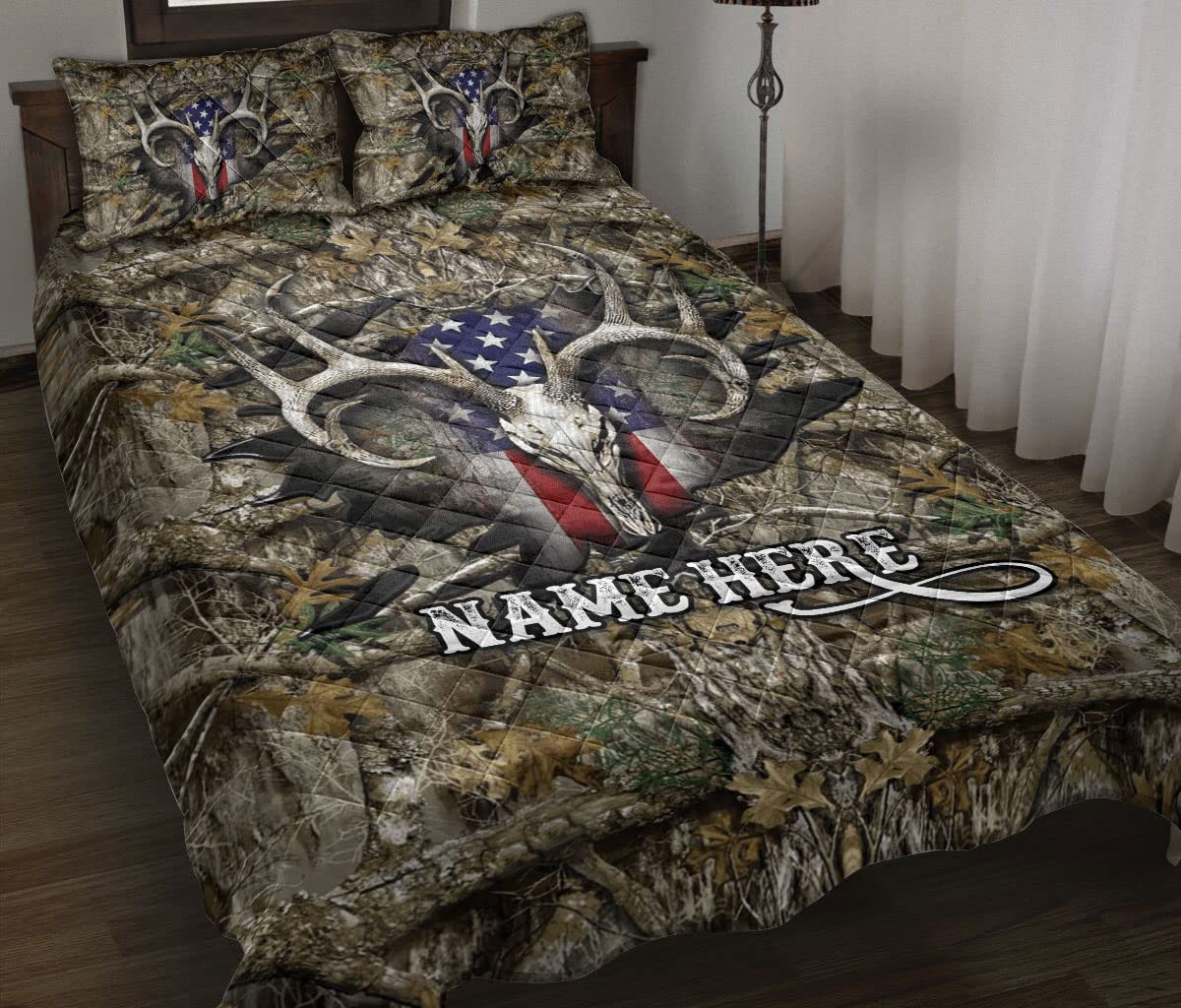 OhaPrints Custom Deer Hunter Hunting Camo Camouflage Pattern Us Flag Personalized Name Quilt Blanket & Pillowcases, Bedding Set & Pillow Cover, King Queen Double Twin Throw Full Size Bedspread Bed
