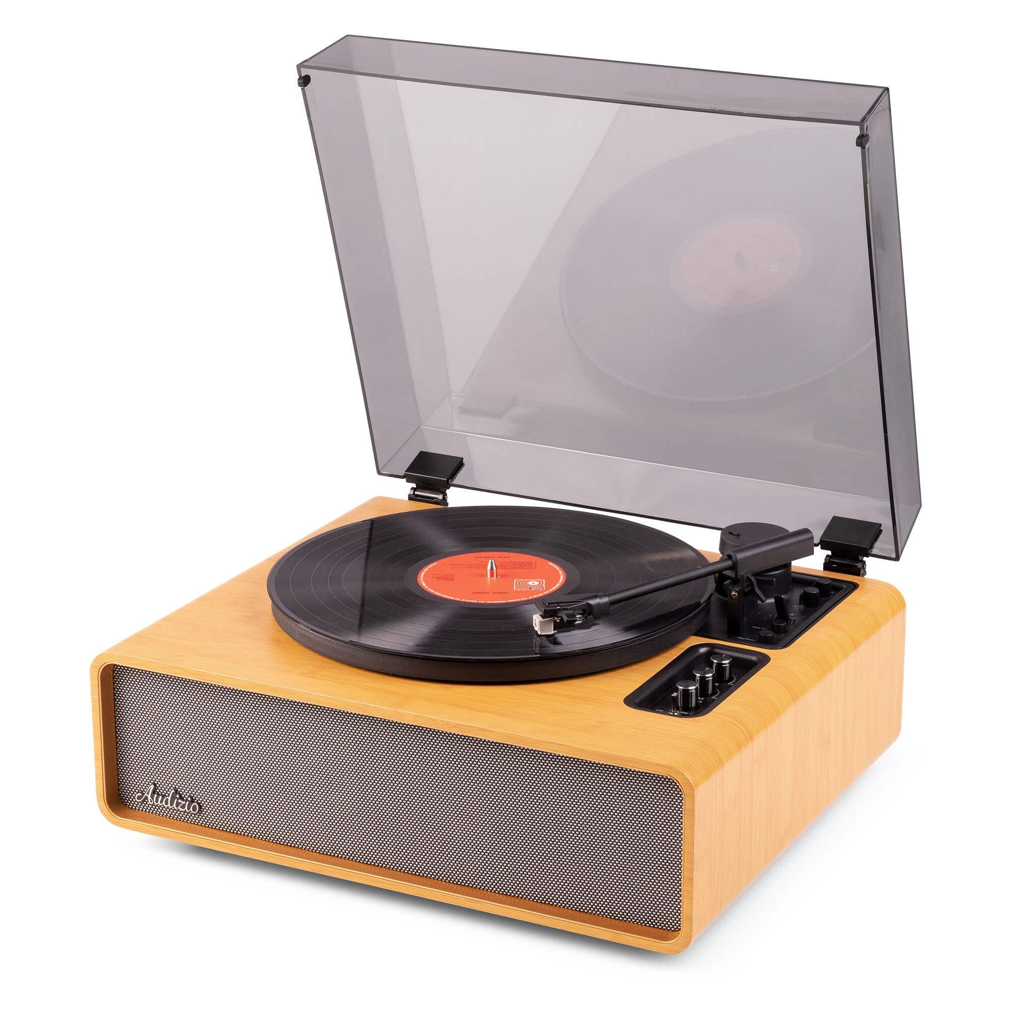 Audizio Laredo – Tocadiscos de Vinilo Bluetooth con Altavoces HiFi 160W, cápsula Audio Technica, Gira Discos con Plato de 29 cm, giradiscos Vinilo con RCA y BT in/out, Acabado en bambú
