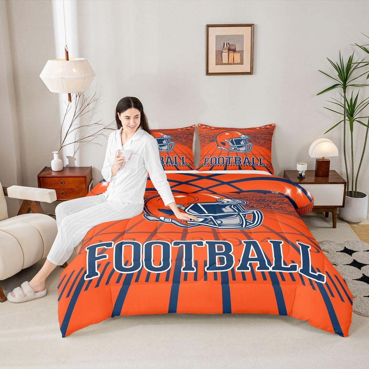 Erosebridal Sports Football City Bed Set Rugby Football Seasonal Bedding, Cool Helmet Comforter Set for Men Women Boys Soft Microfiber Duvet Insert Twin Size for Rugby Sports Fan Gifts