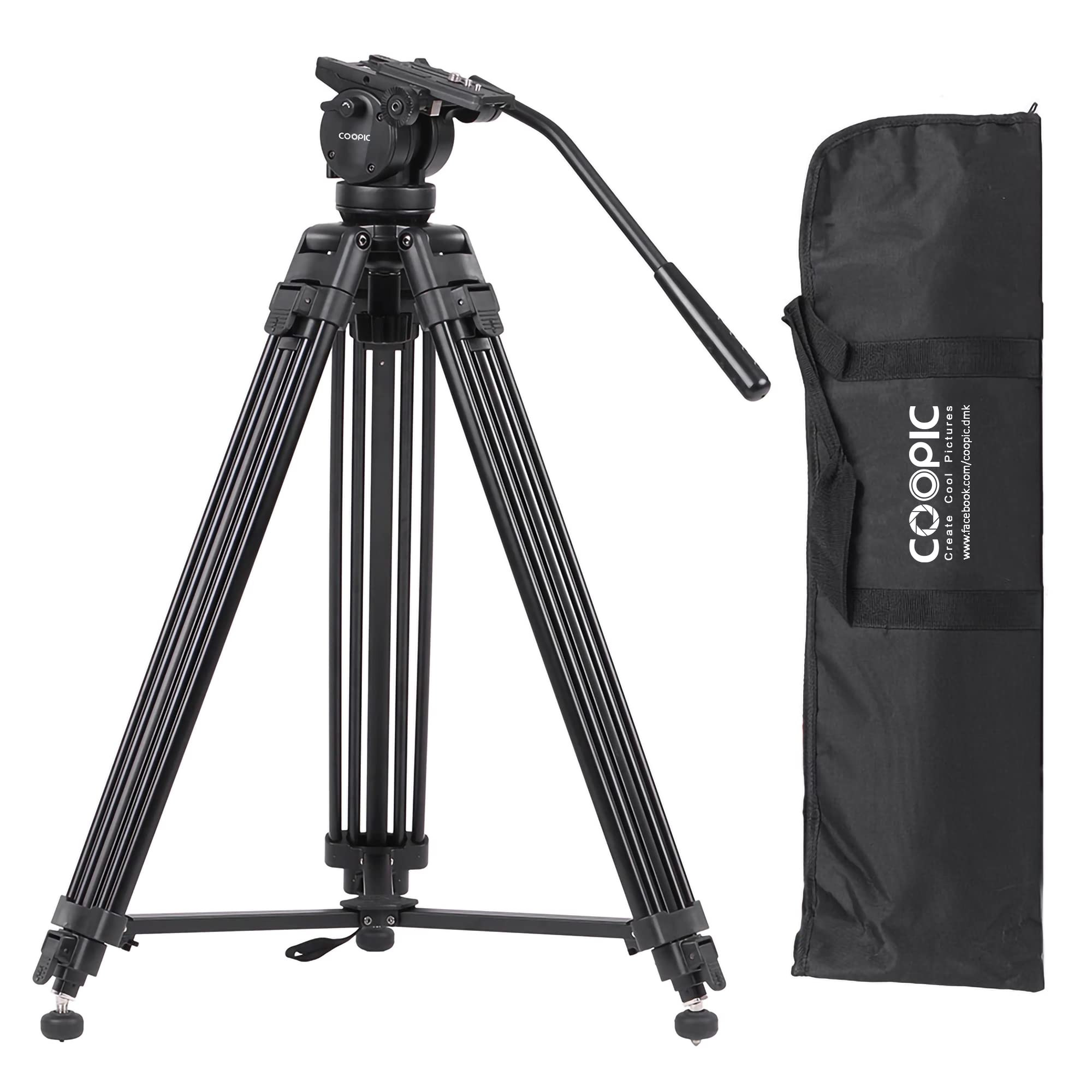 COOPIC Create Cool PicturesCP VT20 Professional 155cm Aluminum Alloy Video Camera Tripod with 360 Degree Fluid Pan Head,1/4 and 3/8 -inch Quick Shoe Plate and Bag,Load up to 20kg