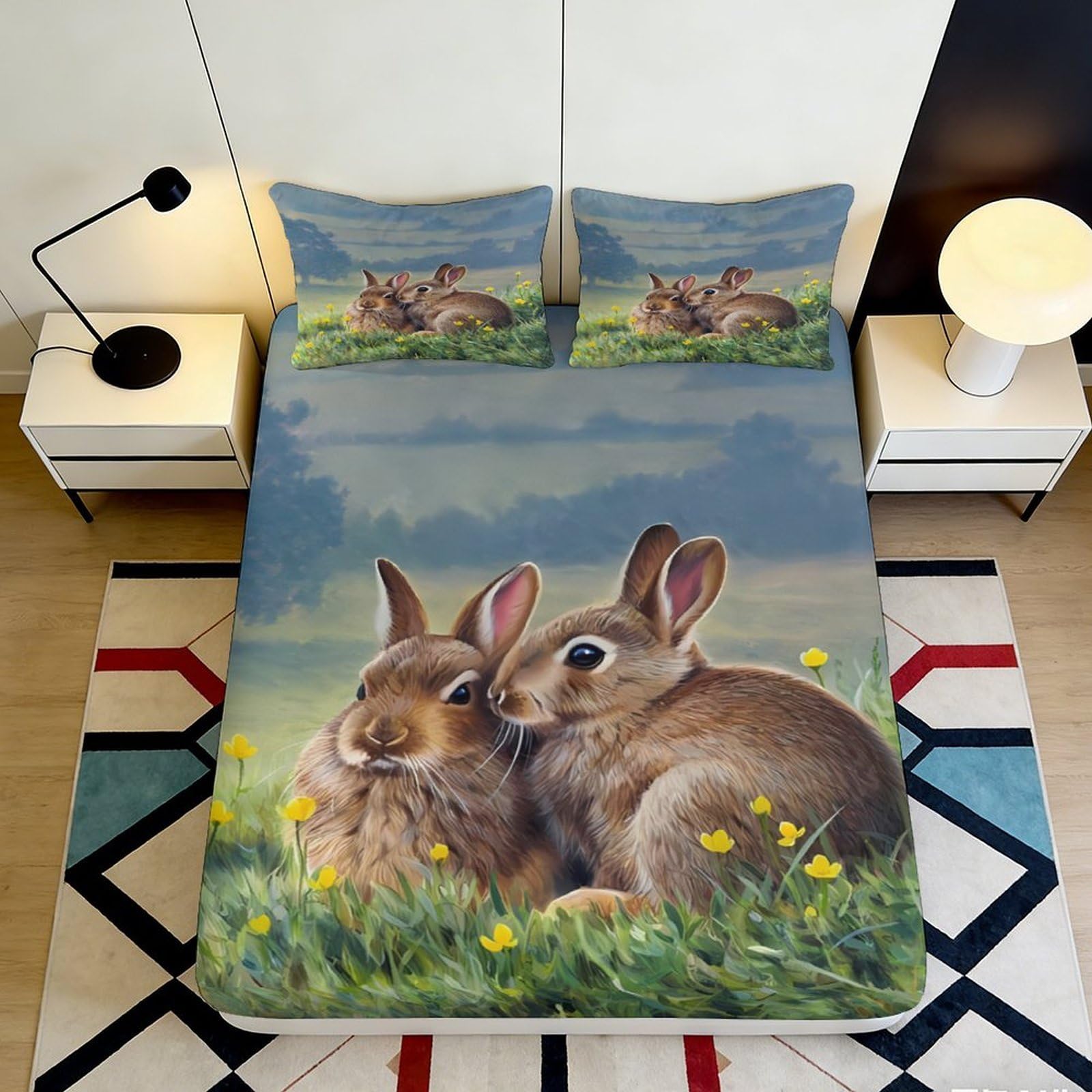 3D Printed Bunny Meadow Fitted Sheet Microfiber Soft Anti-Slip Rabbit Pair Bed Cover for Bedroom Guest Room Decor 180x200x25cm