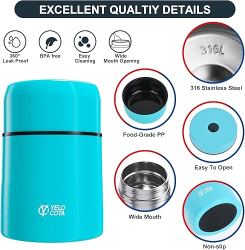 Miniatura 6 de Yelocota Tarro de comida para alimentos calientes, recipientes de alimentos de acero inoxidable aislados al vacío de 20 onzas, frasco de sopa de