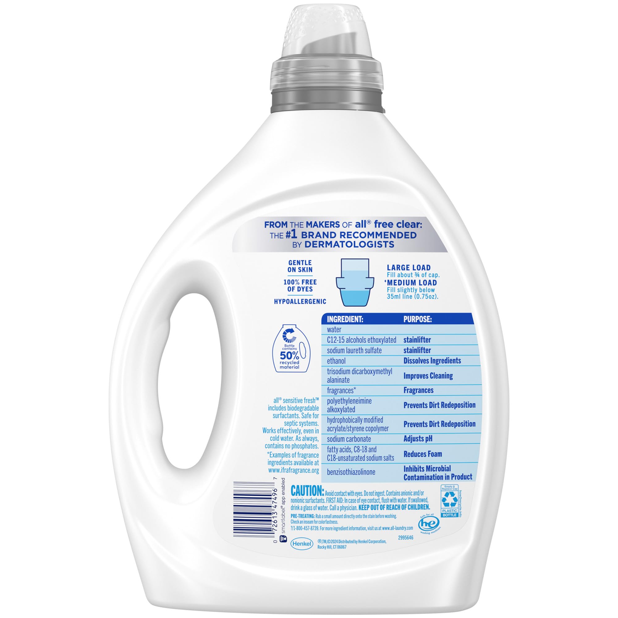 all Sensitive Fresh Detersivo liquido per bucato, ipoallergenico, profumo di brezza primaverile e privo di coloranti, delicato per pelli sensibili, 2,34 g, 110 lavaggi, compatibile con HE