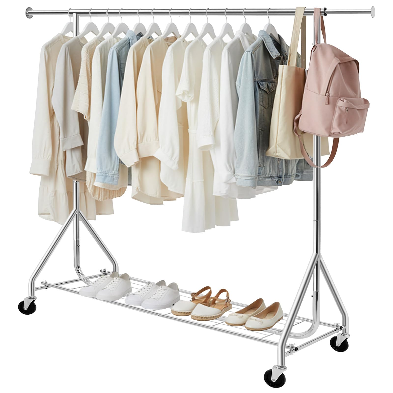 Kleiderständer auf Rollen, Garderobenständer, Kleiderstange Ausziehbar | Metall Schwerlast mit Aufbewahrungsgitter, bis 210 kg belastbar, Länge 125-177 cm, für Schlafzimmer, Garderobe, Waschküche