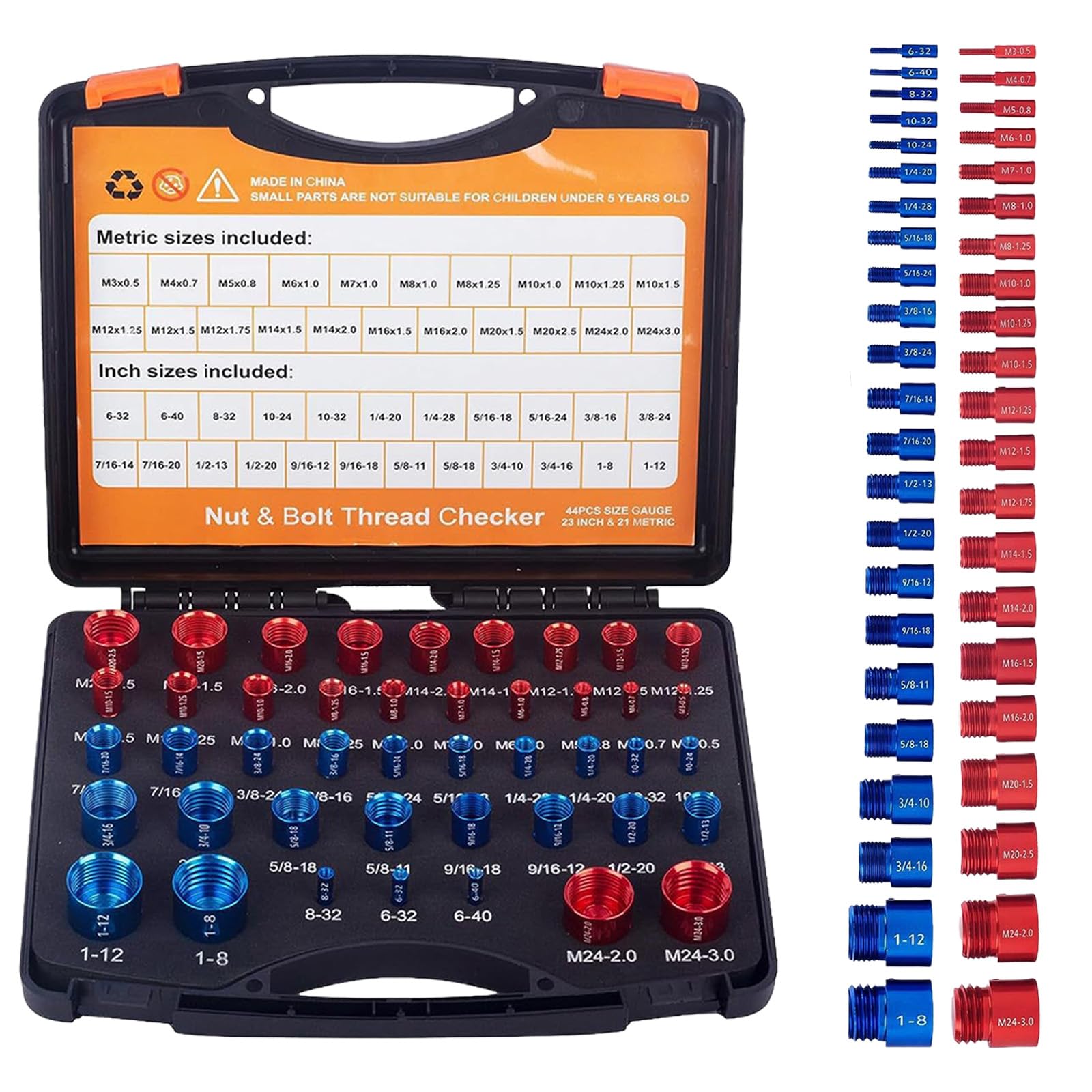 Gewindelehre 44-teiliges Gewindeprüfer-Set für Schrauben & Muttern, Metrisch & Imperial, Aluminiumlegierung Bolzengewindeprüfer Thread Checker Satz für Werkstatt Autoreparatur Präzises Messen