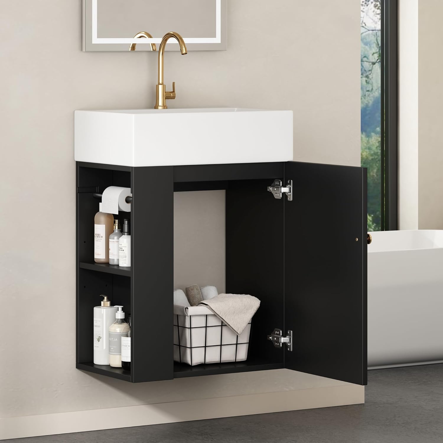 20" Floationg Wall-Mounted Bathroom Vanity with Ceramic Sink, Adjustable Shelf, Toilet Paper Holder, Modern Style, Door with Diamond Design, Black