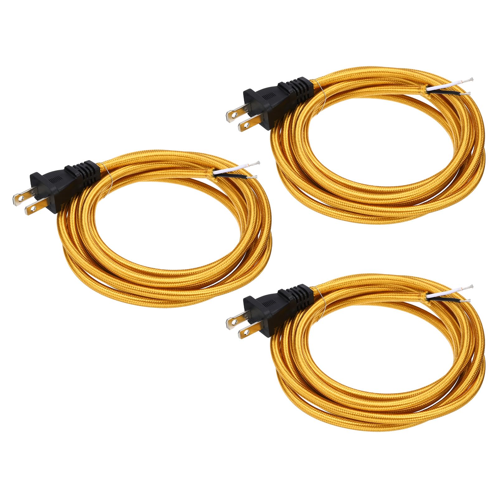 uxcell 8Ft 18/2 Cloth Covered Lamp Cord with Plug, 3 Pcs Vintage Electrical Lamp Cord with Stripped Ends for Extension Wiring DIY Repairing, Golden