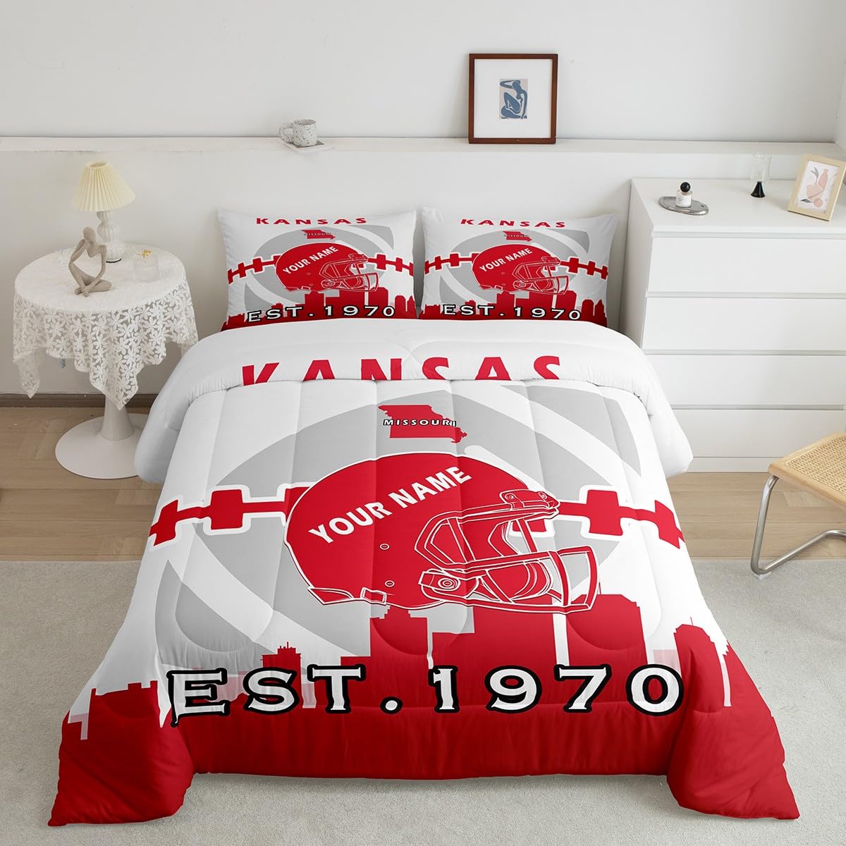 Erosebridal Customized American Football City Bedding Twin,Boys Football Comforter for Teens Youth,White Red Rugby Bedding Comforter Sets,Sports Ball Game Duvet Insert with 1 Pillowcase(Kansas)