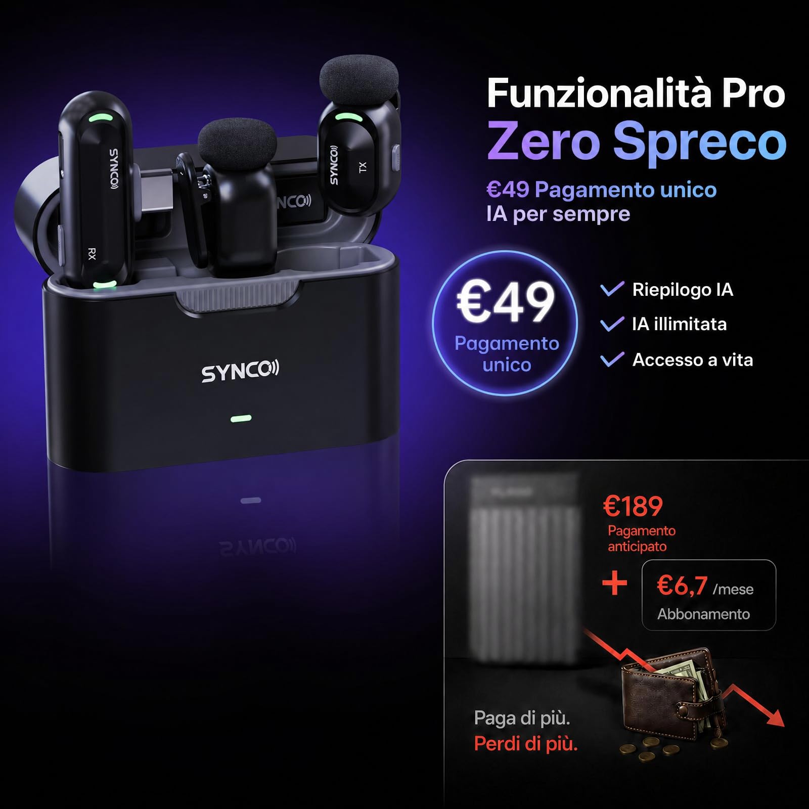 SYNCO SMICT Microfono Wireless AI per Android, Lavalier USB-C con Traduzione in Tempo Reale, App AI Bluetooth, Riduzione Rumore, 2 Microfoni per Vlog, Streaming e Interviste