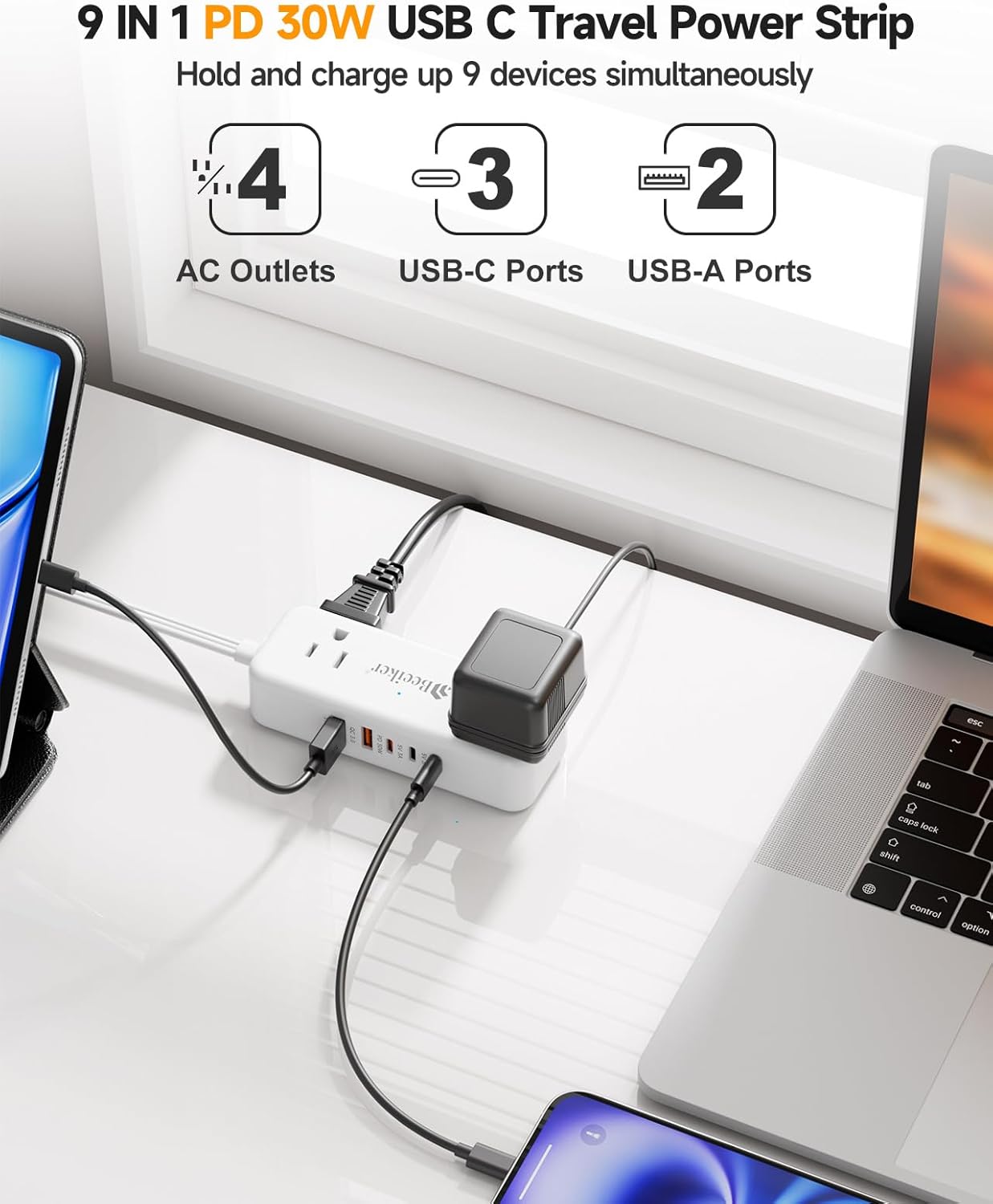 Beeiker 30W 3 USB C Travel Power Strip- 5Ft Extension Cord with 5 USB and 4 Outlets, Compact Flat Plug Small Extension Cord for Travel Cruise College Dorm Office White