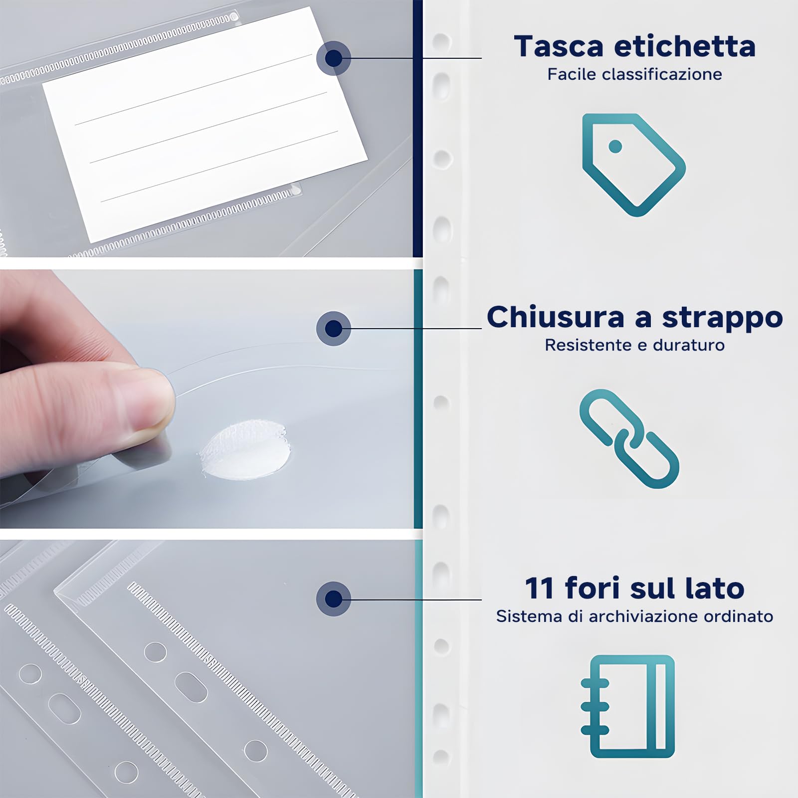 30 Buste Trasparenti Anelli A4, Cartelline Trasparenti A4 con Buchi, Cartelline Portadocumenti con Bottone a Strappo e Etichette, per Raccoglitore Documenti Ufficio Scuola e Casa