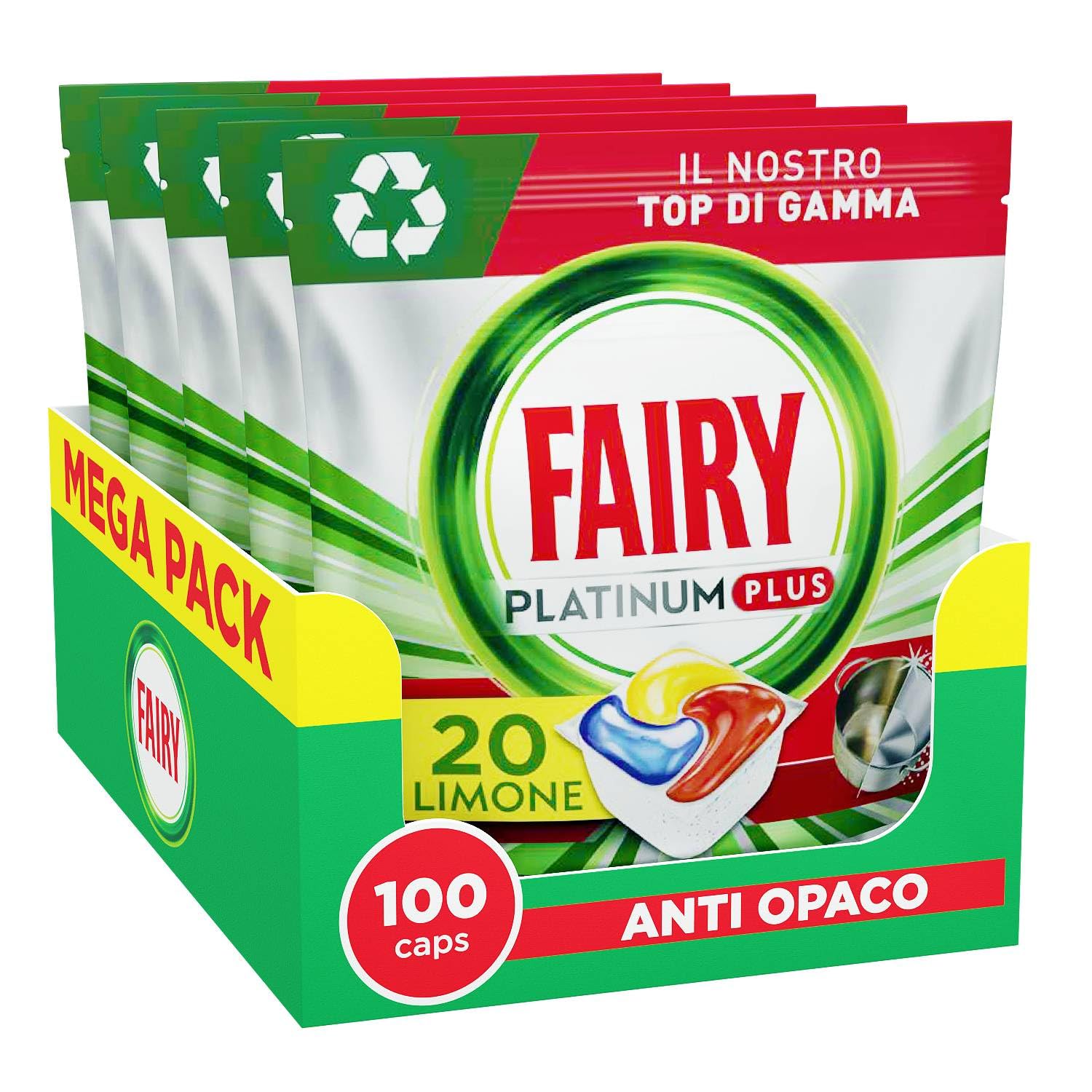 Fairy Platinum Plus Pastiglie Lavastoviglie, Detersivo Brillantante Lavastoviglie al Limone, 100 Lavaggi, 5x20 Capsule Lavastoviglie, Tecnologia Anti-Opaco con Azione Brillante