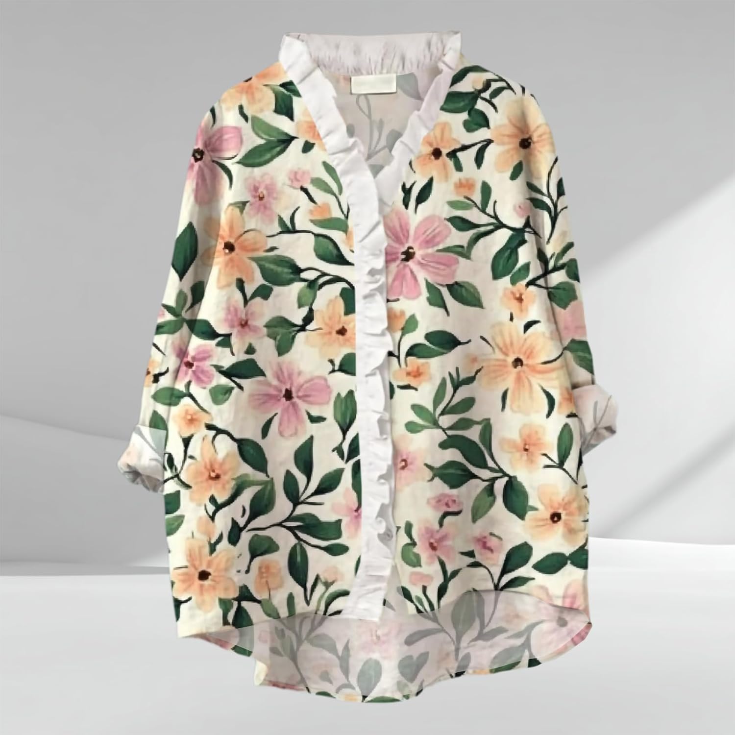 Womens Tops Button Down Ruffled V Neck Tunic Shirts Lightweight 3/4 Rolled Sleeves Flowy Boho Floral Print Blouses - Image 2