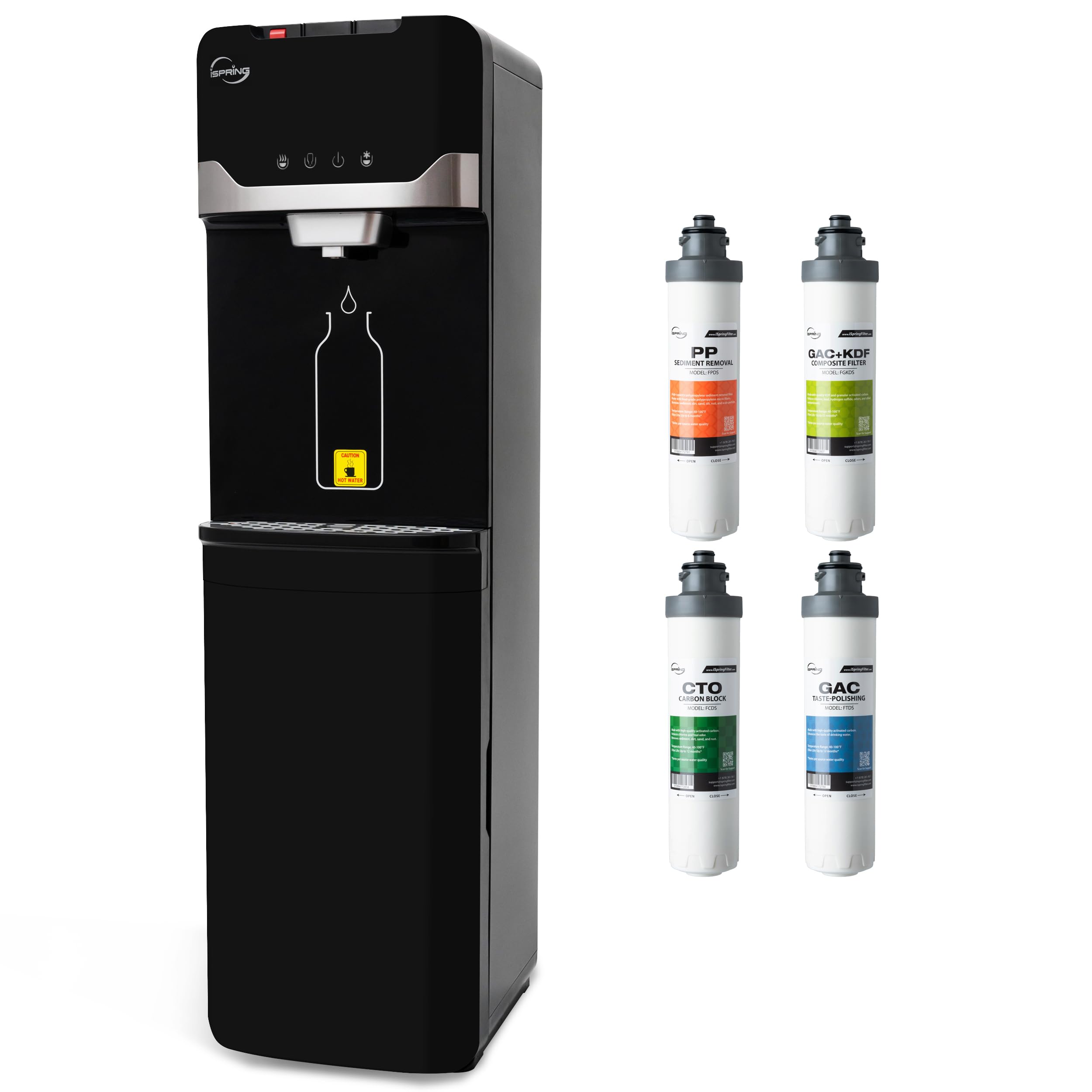 iSpring DS4B Bottleless Water Cooler Dispenser, Self Cleaning, Hot, Cold, and Room Temperature Settings, Free-Standing Water Cooler Dispenser with Filtration, Child Safety Lock, Black