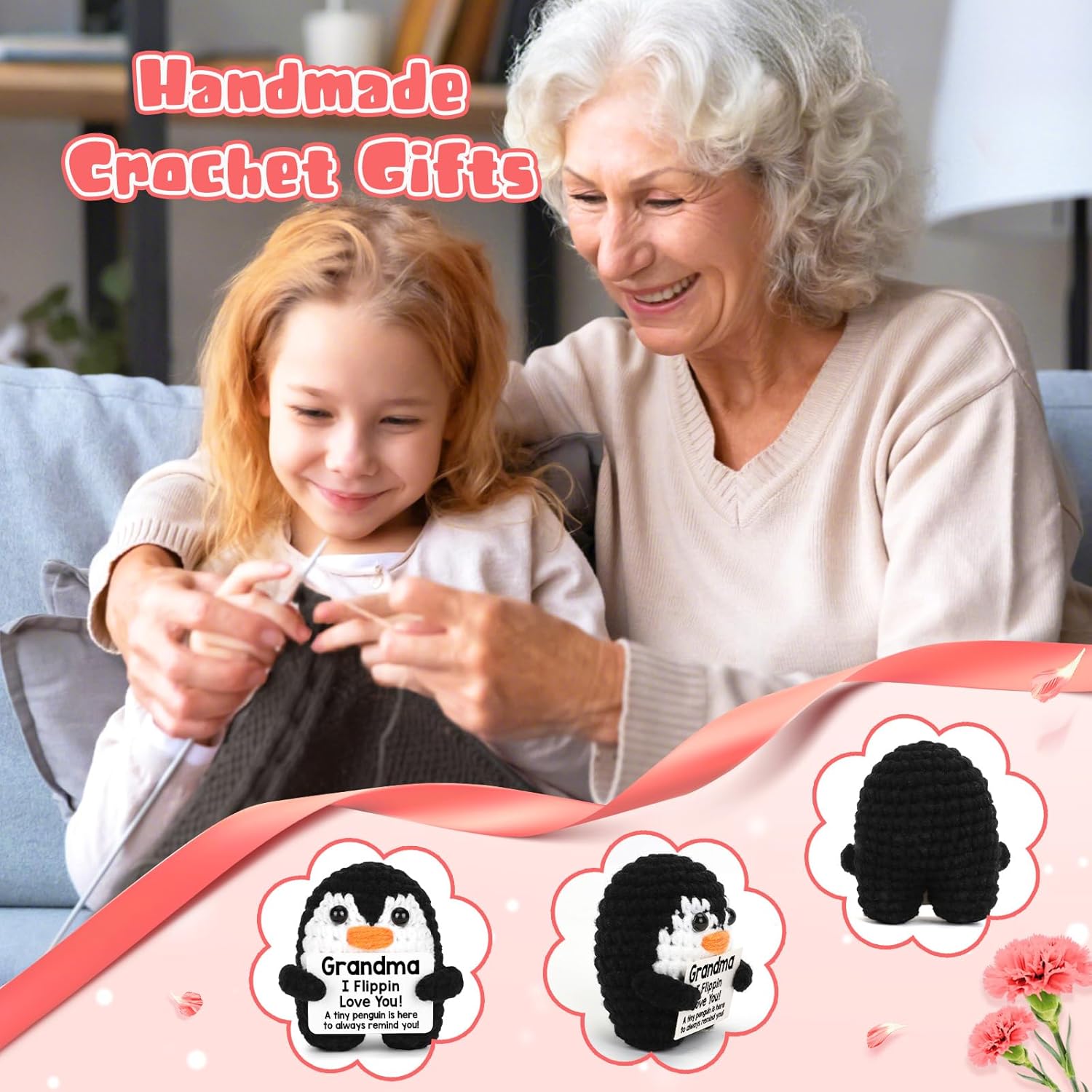 Grandma Gifts for Birthday, Handmade Crochet Mini Penguin Valentines Birthday Gift for Grandma from Granddaughter Grandson, Funny I Love You Gifts for Grandmas Greatgrandma Gigi Emotional Cute Decor - Image 3