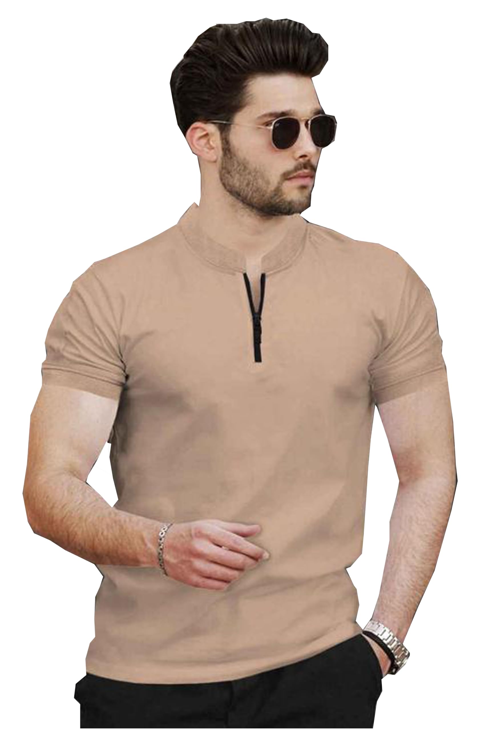 Men's Casual Half Sleeve T-Shirt with Zip Collar, Black-picture-46