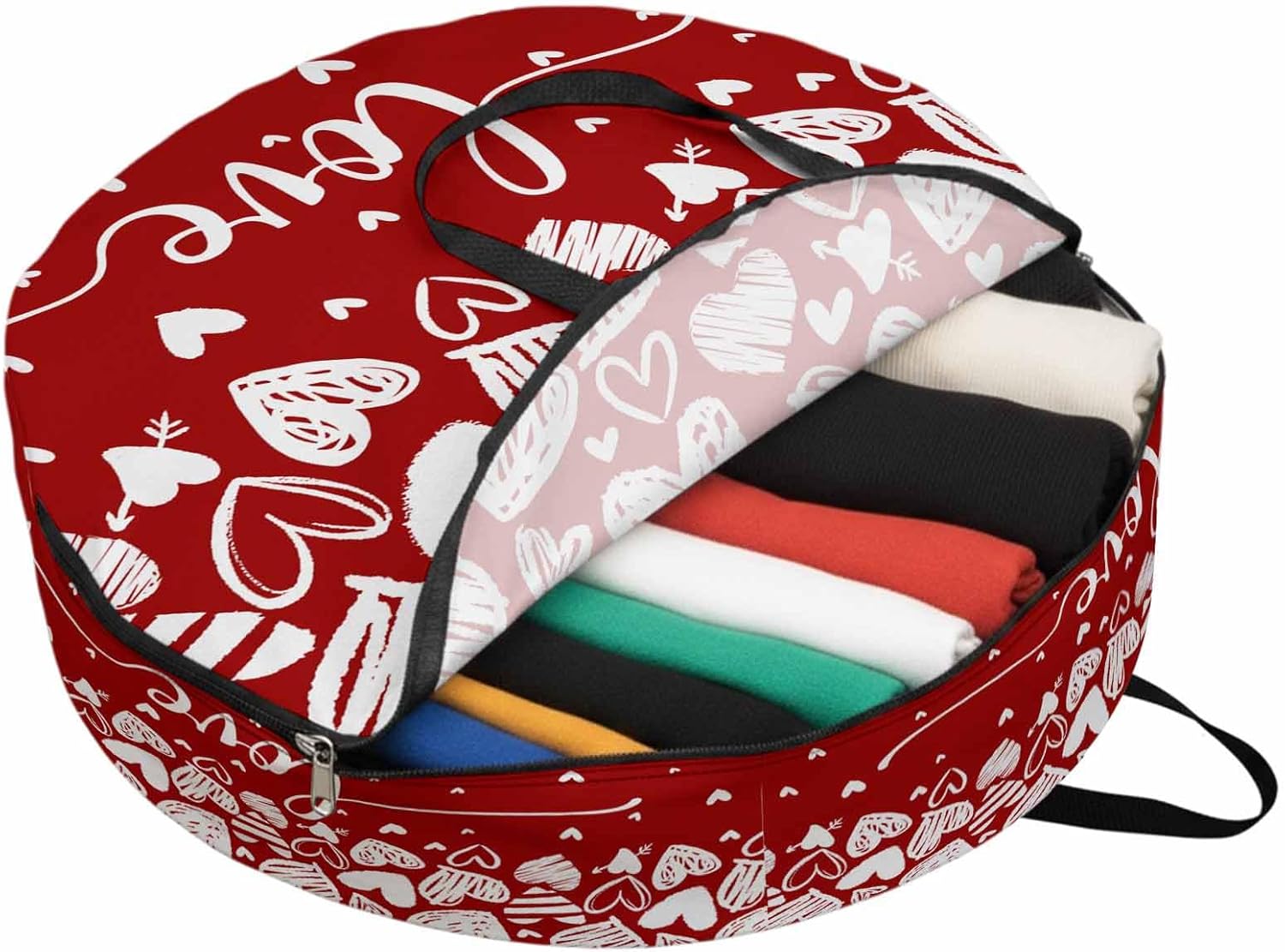 Valentine's Day Round Storage Bag 36 Inch, Love Heart Red White Clothes Storage Container with Handles Heavy Duty Organizer for Comforter, Bedding & Holiday Wreaths