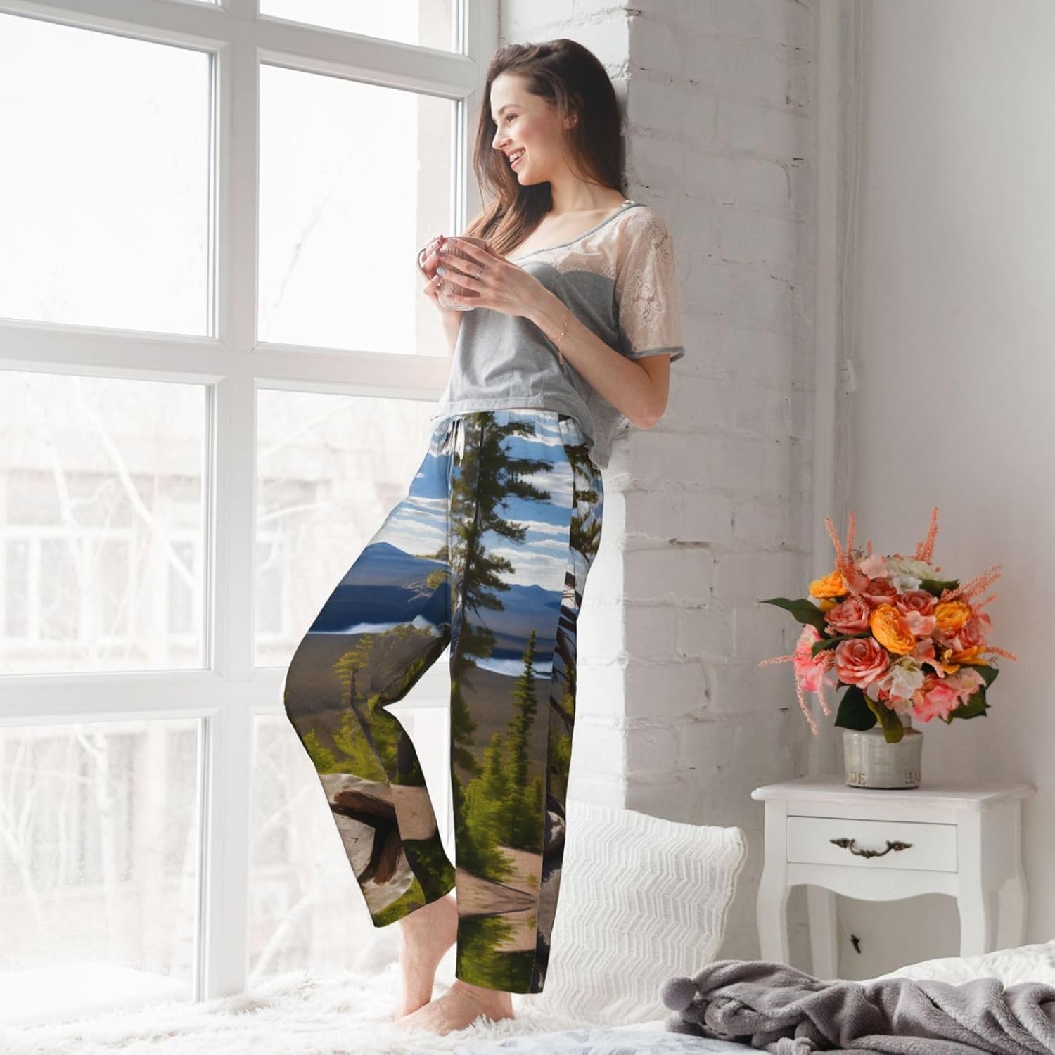 Moose Mountain Pine Tree Print Print Cozy Flannel Pajama Pants For Women,Warm Christmas Pj Pants,Cute Fleece Pajamas