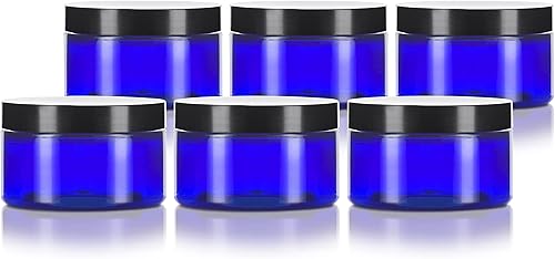 Tarro de perfil bajo recargable de plástico de pared pesado azul cobalto (sin BPA) con tapa negra, 4 onzas (paquete de 6)
