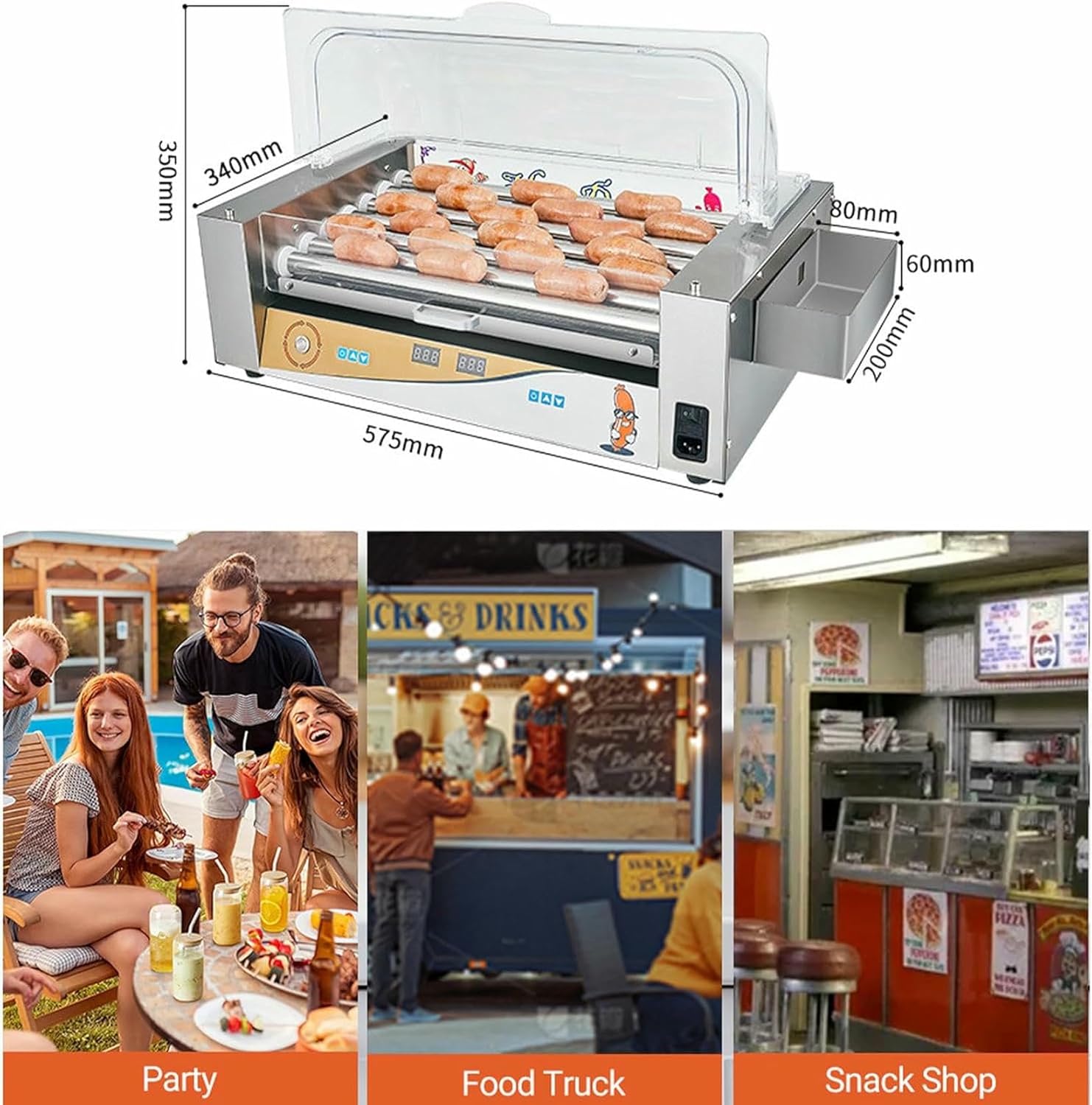 Commercial Electric Hotdog Grilling Cooker 7 Rollers for 18 Hotdogs Stainless Steel Hot Dog Warmer Grilling Machine with Cover, 1050W,