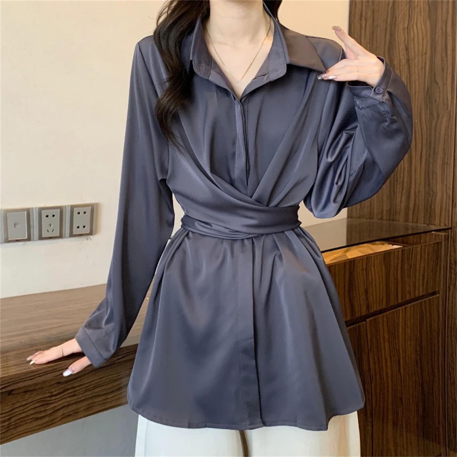 Camisas de satén para mujer, manga larga, ajuste holgado, sedosas, suaves, informales, para uso diario y oficina