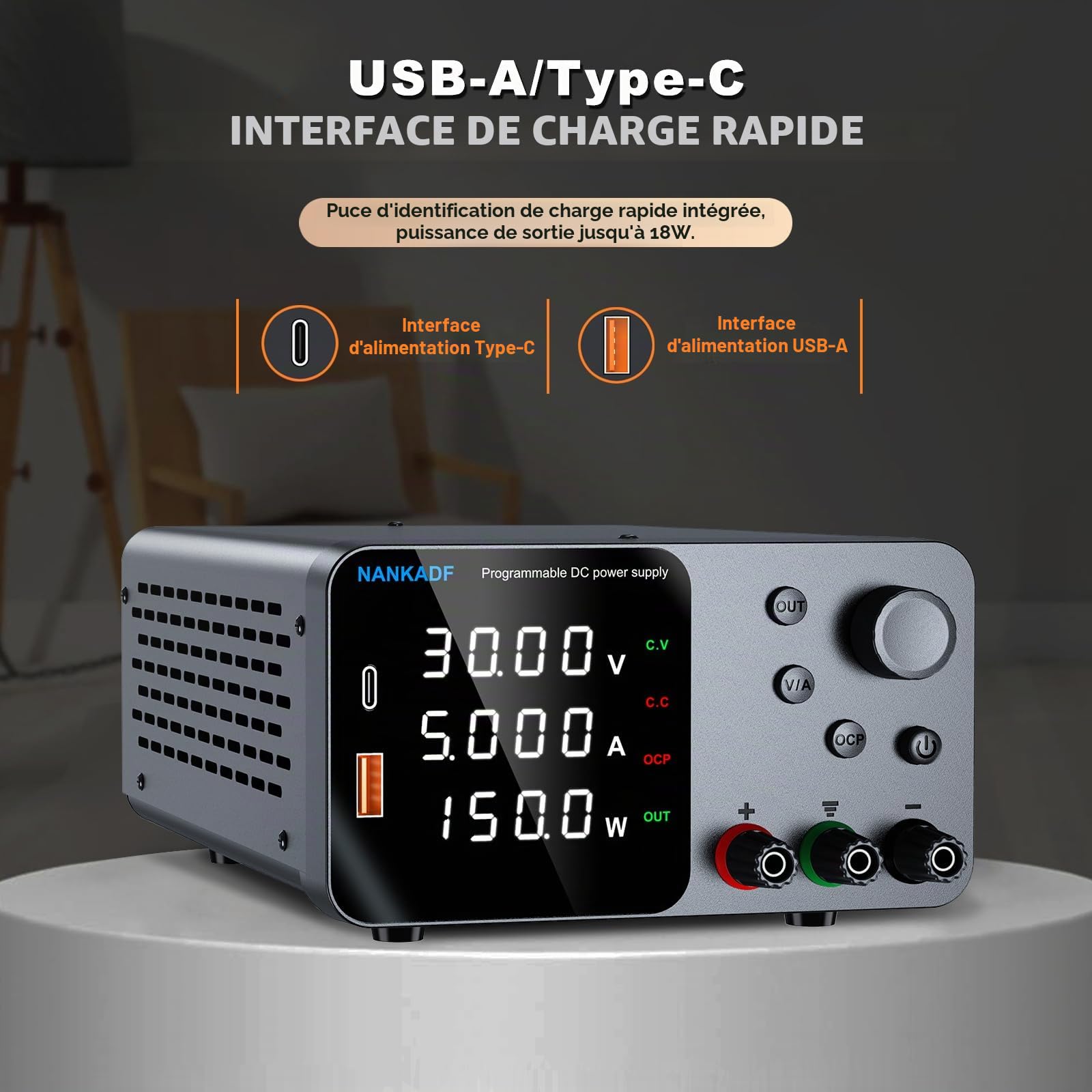 Alimentation de Laboratoire, Alimentation DC Ajustable avec Interface USB-A/Type-c, Bouton de réglage du codeur pour la Maintenance des équipements électroniques et de Laboratoire (30V 5A)