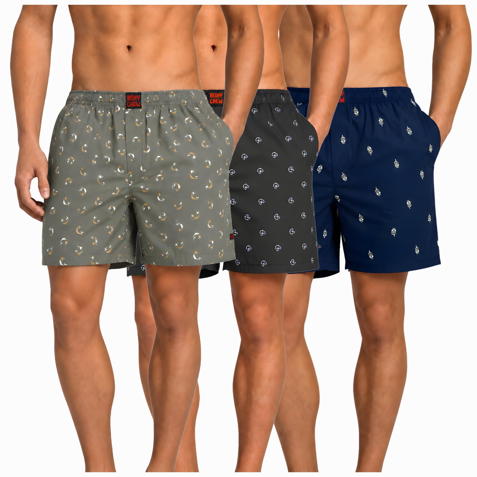 Men's 100% Cotton Boxer Shorts Pack of 3, Green, Navy Blue & Navy Blue | Woven Boxers with Side Pockets, No-Marks Elastic Waistband, Breathable Relaxed Fit | Style 008-009-011-image-36