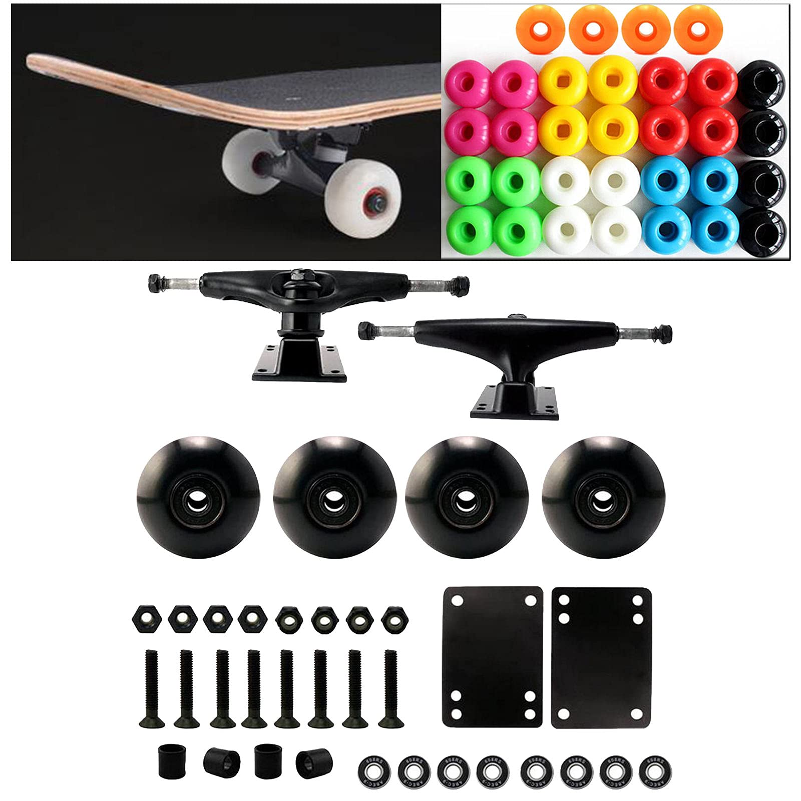 Accessoires de skateboard : 4 roulettes, 8 vis, 8 écrous, 8 roulements, 2 coussins, 4 douilles à personnaliser, comme cadeaux pour garçon