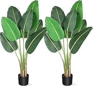GarveeHome 48 inchs Artificial Tree Bird of Paradise Artificial Plant with 8 Trunks Fake Tree - 2PCS 4 Feet Faux Plants Fake Banana Tree Plant with Pot Artificial Trees for Home Decor Indoor Outdoor