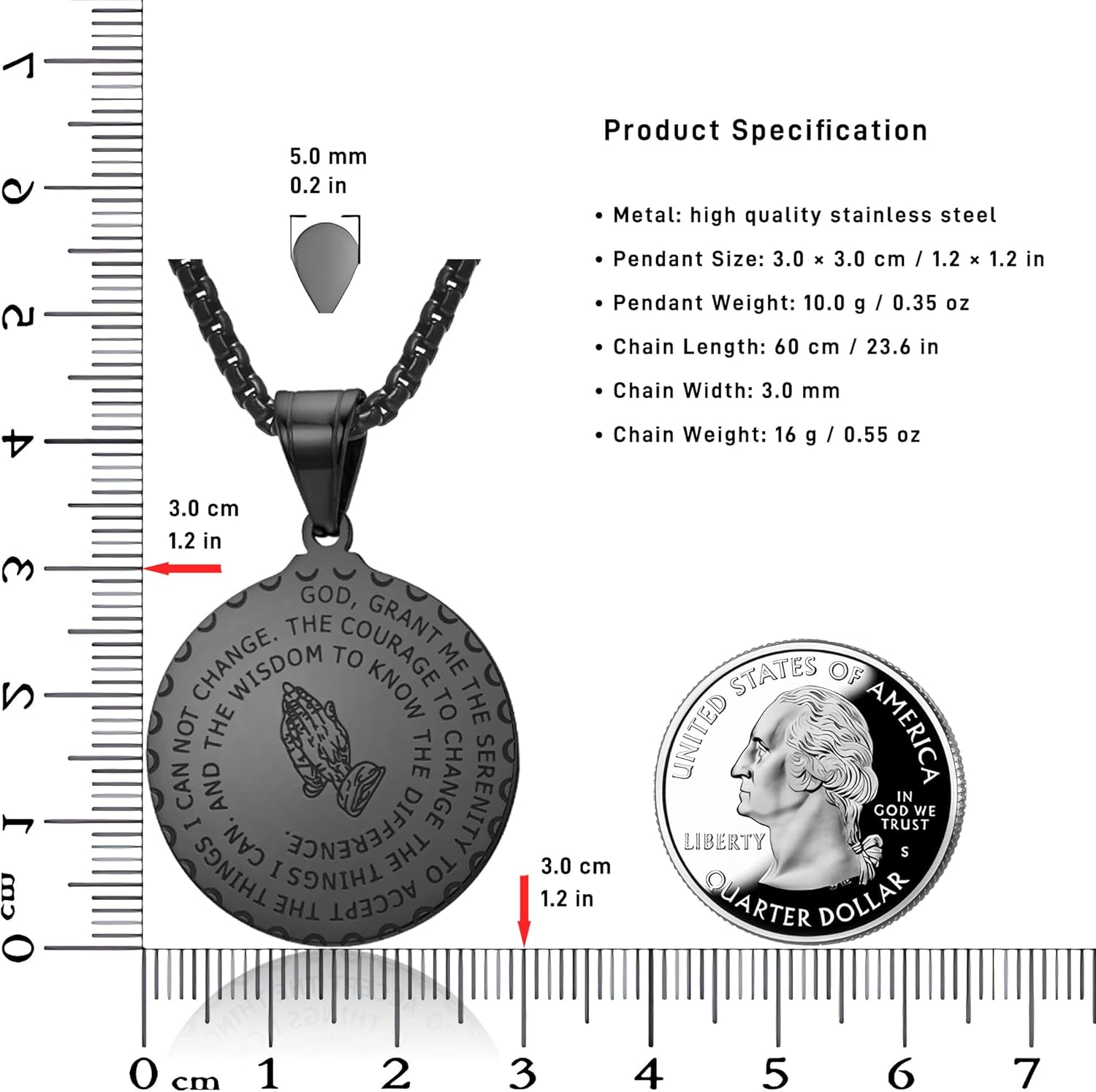Serenity Prayer Necklace with Praying Hands Coin Pendant for Men Women Lords Prayer Bible Verse Courage Wisdom Stainless Steel 24 inches - Image 4