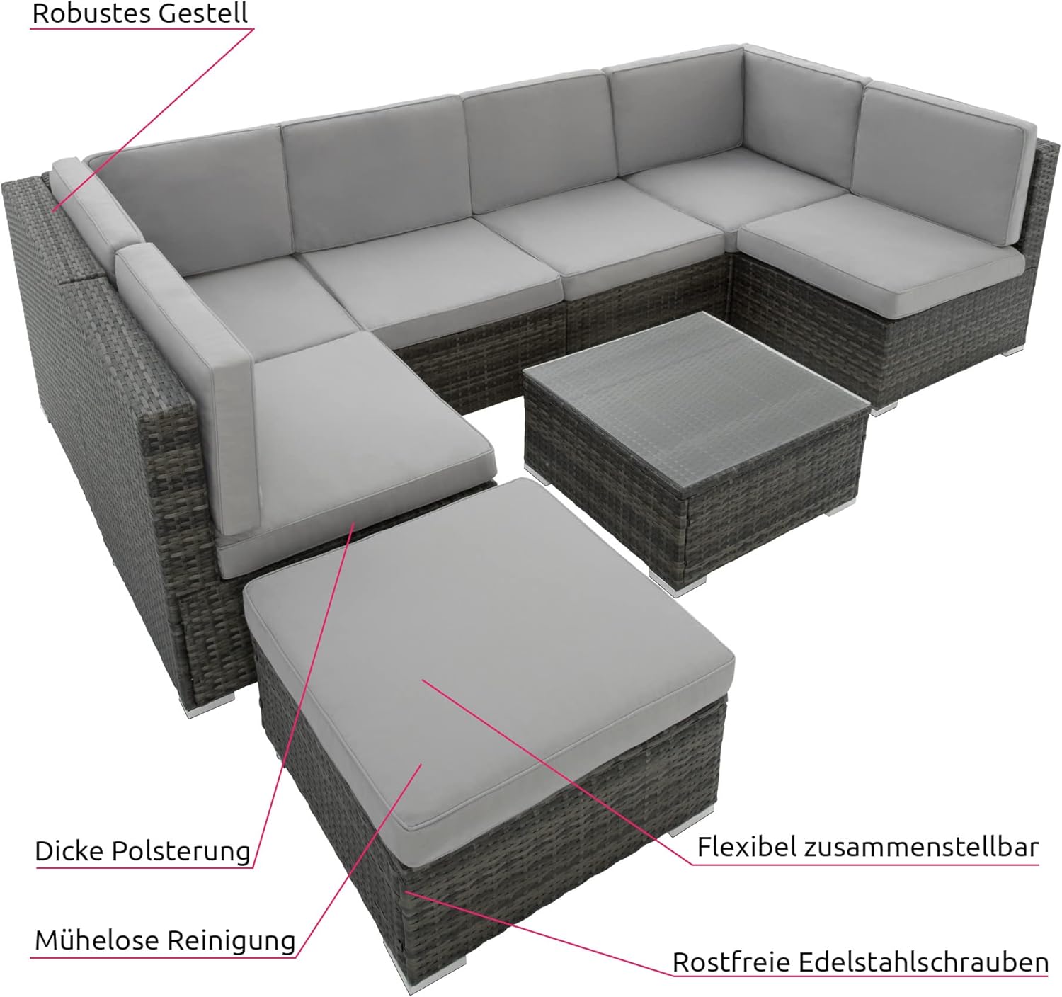 Close-up of a cushion from the TecTake Venise Rattan Garden Lounge Set, showing water-repellent fabric, soft seat padding, and a zipper for removable covers.