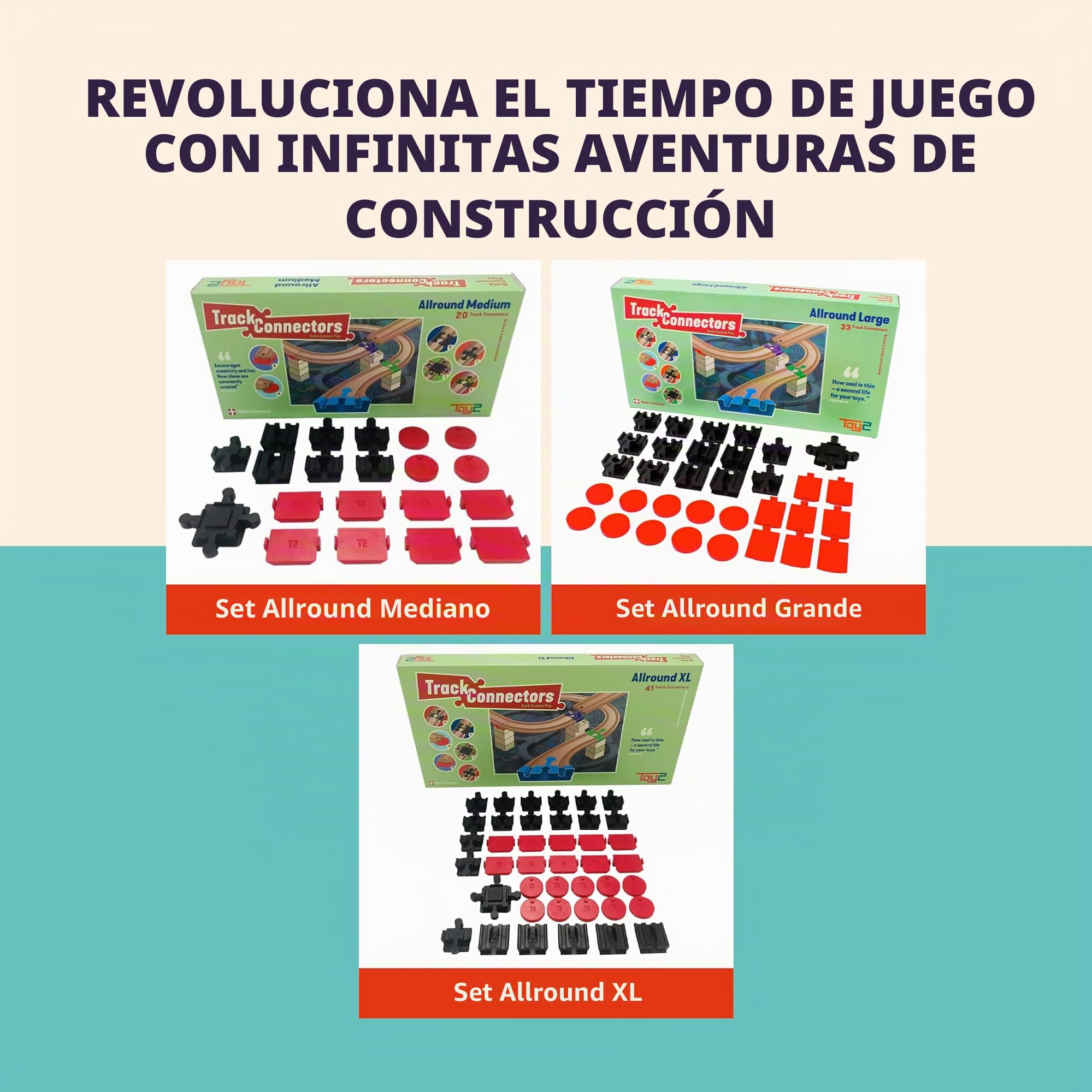 TOY2 Allround - Juego de 41 Conectores de Pista de Tren para Juguetes compatibles con Brio & Duplo | Kit con 6 Conectores Diferentes | Juego de Conectores de riel de Madera sostenible