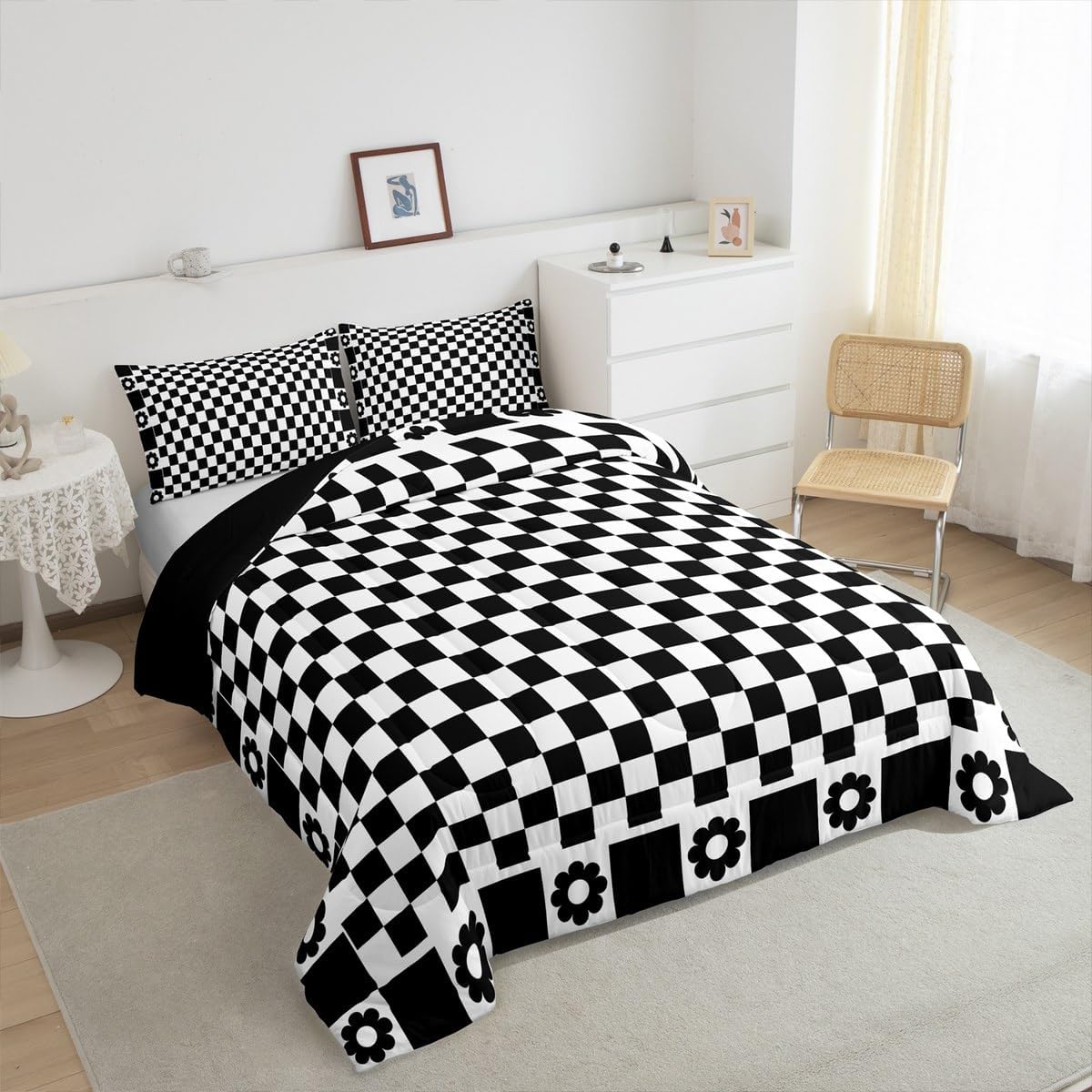 Black White Grid Comforter Set Twin Size, Geometric Lattice Checkerd Bedding Set 2pcs, Black Flower Plaid Down Comforter for All Season, Kids Boy Room Decor, Soft Polyester Quilt Set, 1 Pillowcase