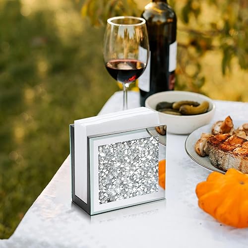 Miniatura 4 de Servilletero con espejo, soporte vertical de diamante triturado de cristal, bonito soporte de servilleta de espejo de vidrio para mostrador o mesa.