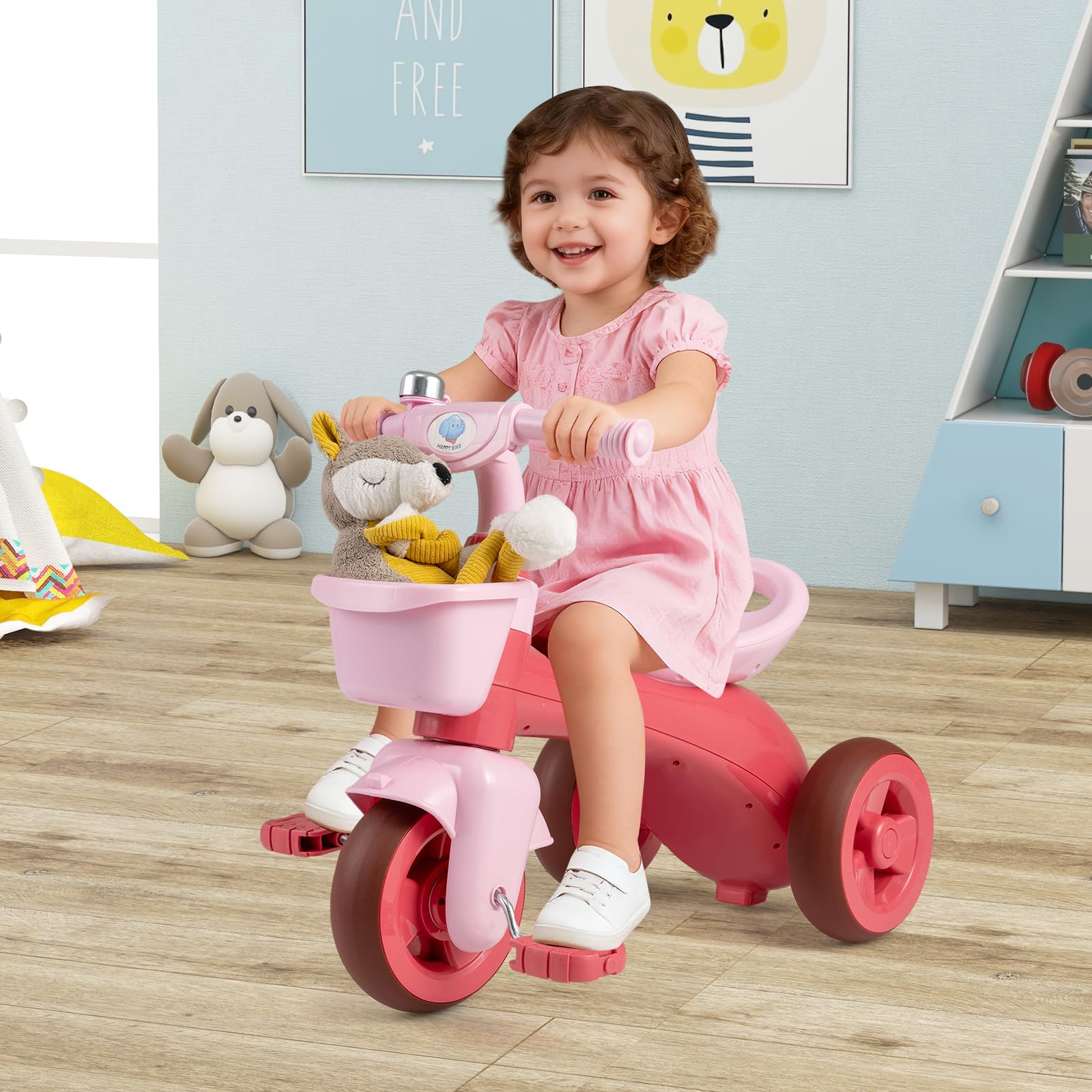 COSTWAY Tricycle Bébé Évolutif avec Sonnette et Guidon et Pédale, Vélo Enfant à 3 Roues en TPE avec 2 Paniers de Rangement, Draisienne pour Garçons Filles de 3-5 Ans, Charge 25kg (Rose)