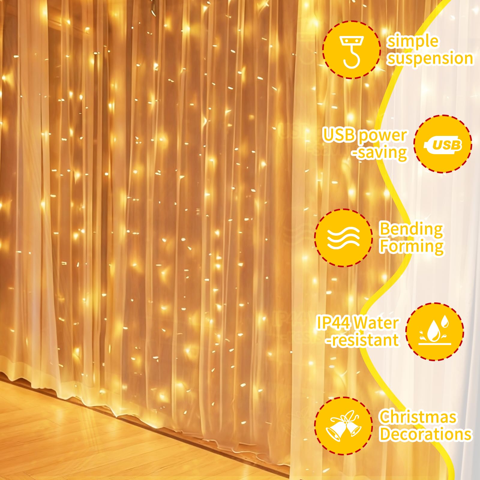 CNMTCCO Cortina de Luces, 300 LED 3x3m 8 Modos Cadena de Luces con Remoto,Alimentadas por USB, Resistente al Agua, Guirnaldas Luminosas para Navidad, Ventanas, Fiestas, Bodas, Interior, Exterior