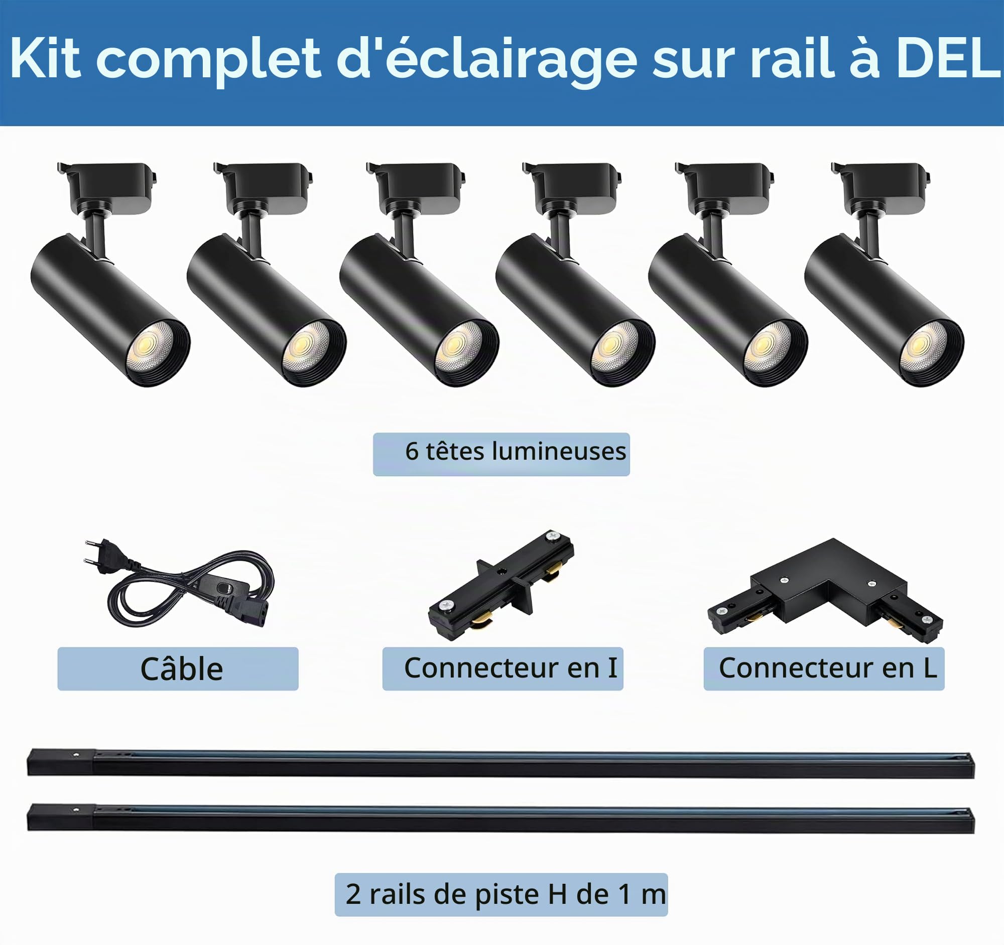 Kit de têtes d'éclairage de piste, 6 lumières de piste étendues 2x1m rails de type H 20W 3000K Blanc chaud Projecteur de plafond