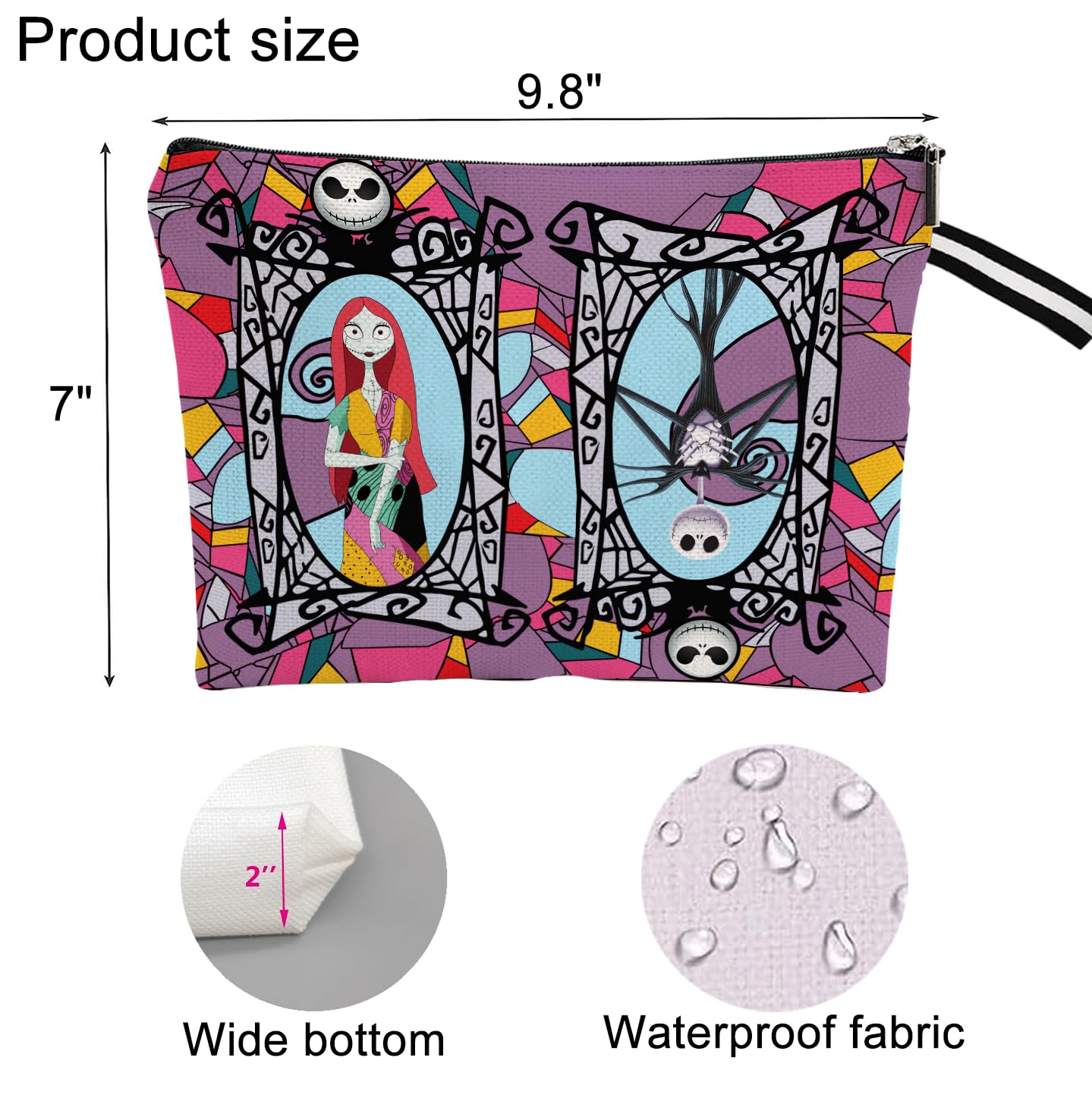 Portable Jack & Sally Themed Makeup Bag, Before Xmas Nightmare Cosmetic Bag, Jack Skellington & Sally Portable Travel Cosmetic Organizer- Cotton & Linen, Water-Resistant, 9.8x7 Inches