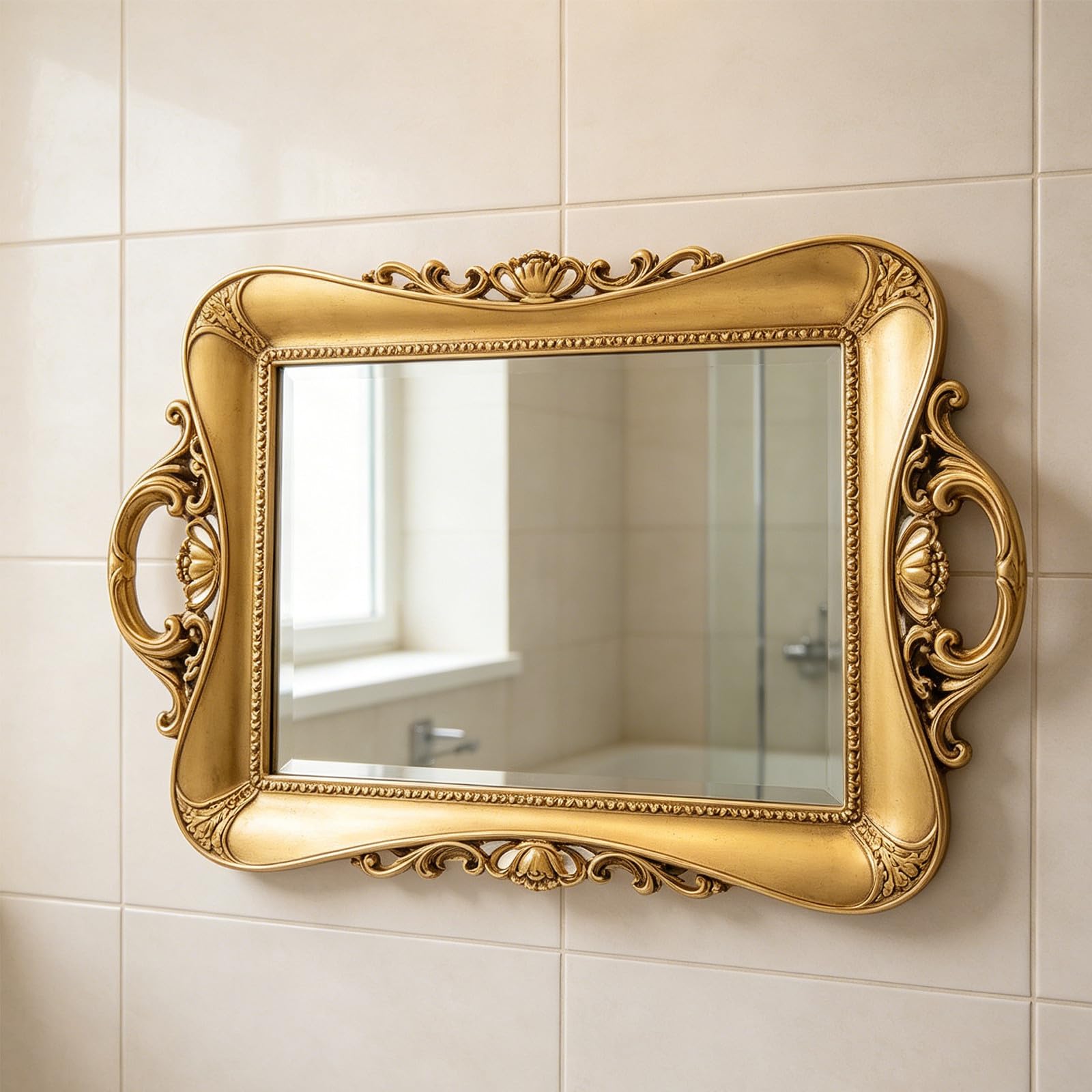 3 Pezzi Set di Specchi Vintage in Resina Oro con Organizer per Gioielli, Finitura Antica in Design D’epoca, Dimensioni 38,5x23,5 Cm, per Bagno e Camera