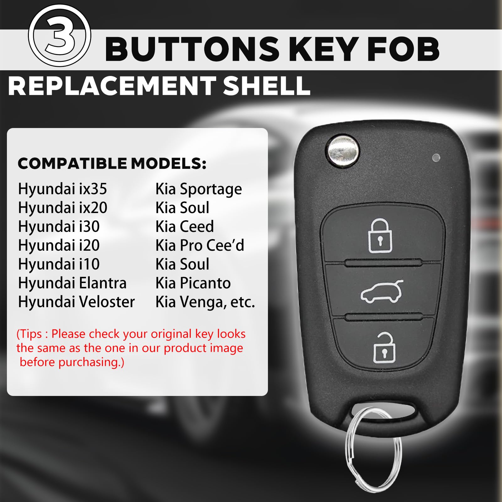 3 Knoppen Afstandsbediening Sleutelhoes Auto Sleutelhoes Compatibel met Hyundai I20 - I30 - IX20 - IX35 - Elantra (Oranje, HOES