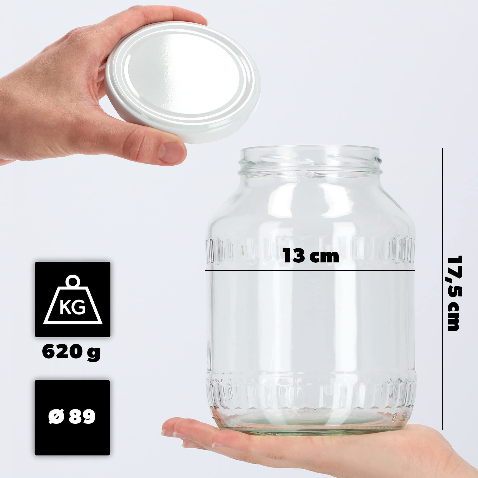 KADAX Lot de 12 bocaux de conservation ronds en verre - 1,7 l - Diamètre : 89 mm - Avec couvercle à visser - Blanc