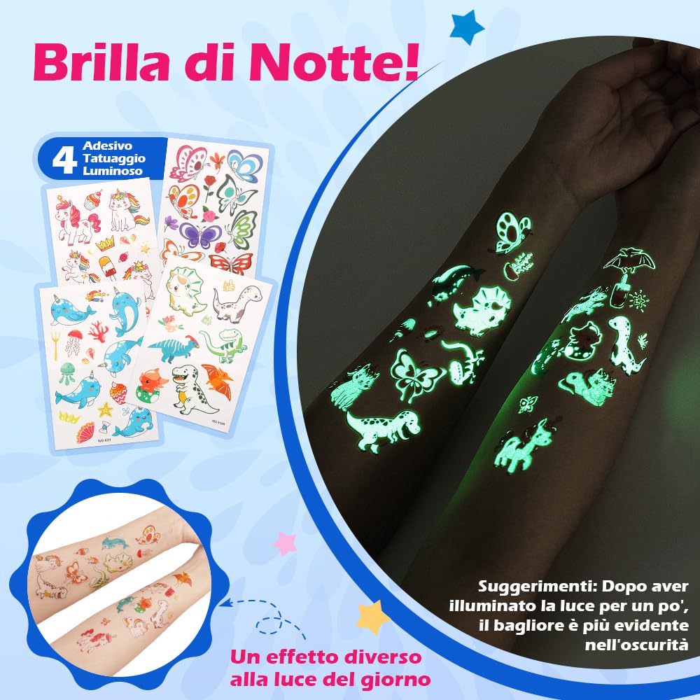 Bledras Set Tatuaggi Glitter Bambini, 42 Colori Temporary Glitter Tattoo, 210 Stencil, 5 Pennelli, 3 Colla, Tatuaggio Impermeabile Kit, Regali per Ragazzi e Ragazze per Carnevale, Compleanno