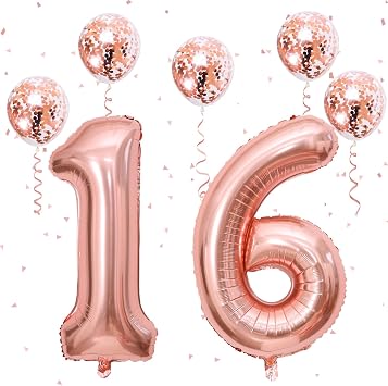 16th Birthday Number Balloons for Girls, 40 Inch Foil Self Inflating Number 16 Balloons with Rose Gold Confetti Balloons, Large 1 & 6 Balloons for Women 61st Birthday Party Anniversary Decor Supplies