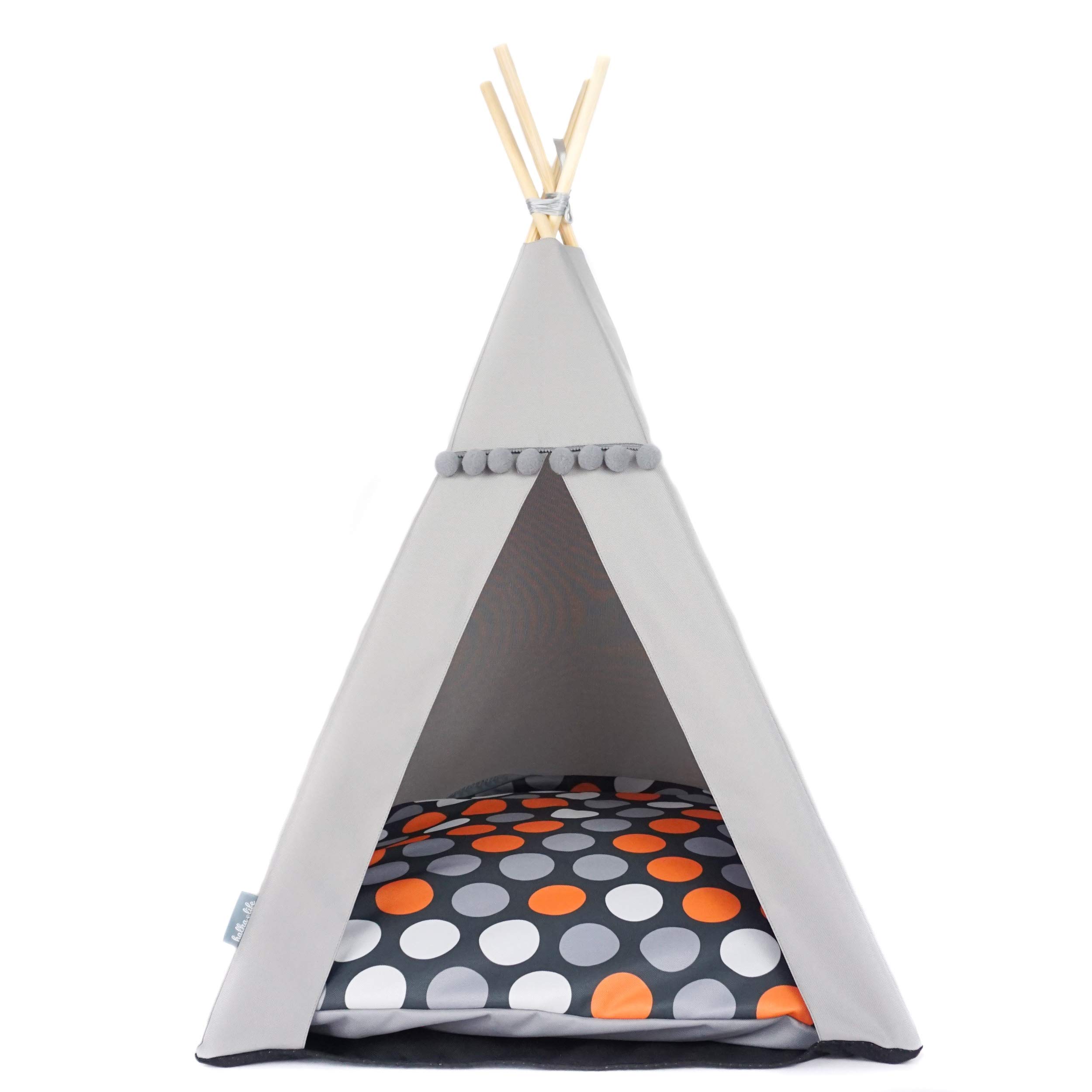 Tipi pour Chat ou Chien avec Pompons, Tente pour Chien et maisonnette pour Chat. (55x55x82cm, Gris, Pois Orange)