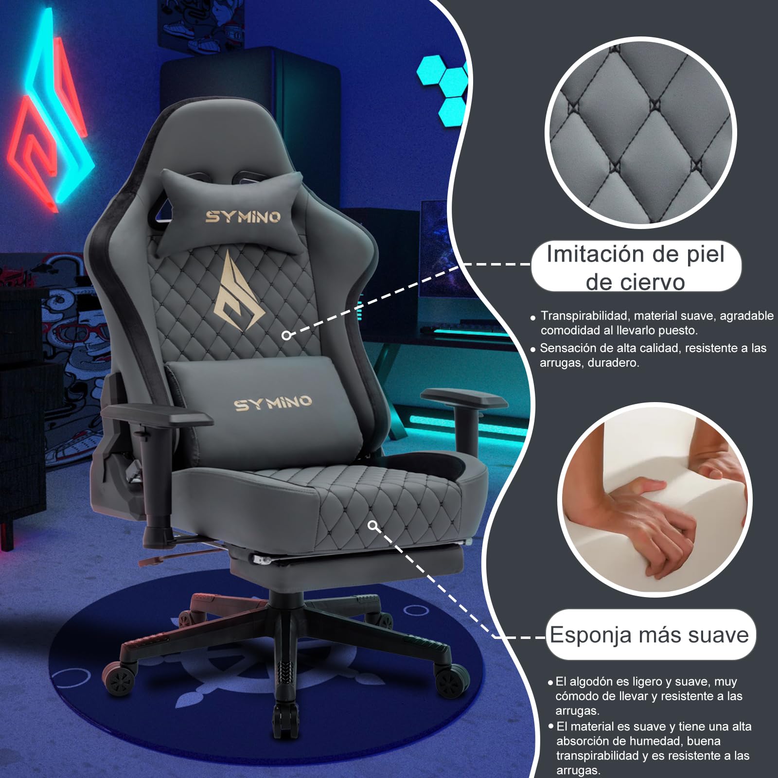Symino Chaise Gamer Ergonomique - Fauteuil de Bureau avec Repose-Pieds Télescopique, Support Lombaire et Hauteur Réglable - 200kg (Simili Cuir Grey)
