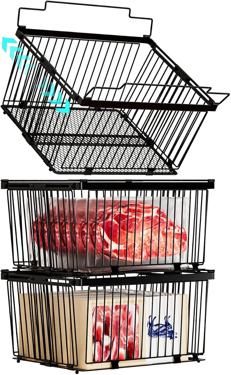Large Freezer Organizer Bins for 5 to 9 Cu.Ft,Leak-Proof Bottom，3 Pack | ANJUBANFreezer Organizer Bins, Stackable,expandable,foldable,With handle Wire Storage Container Baskets for Sort Frozen Meats