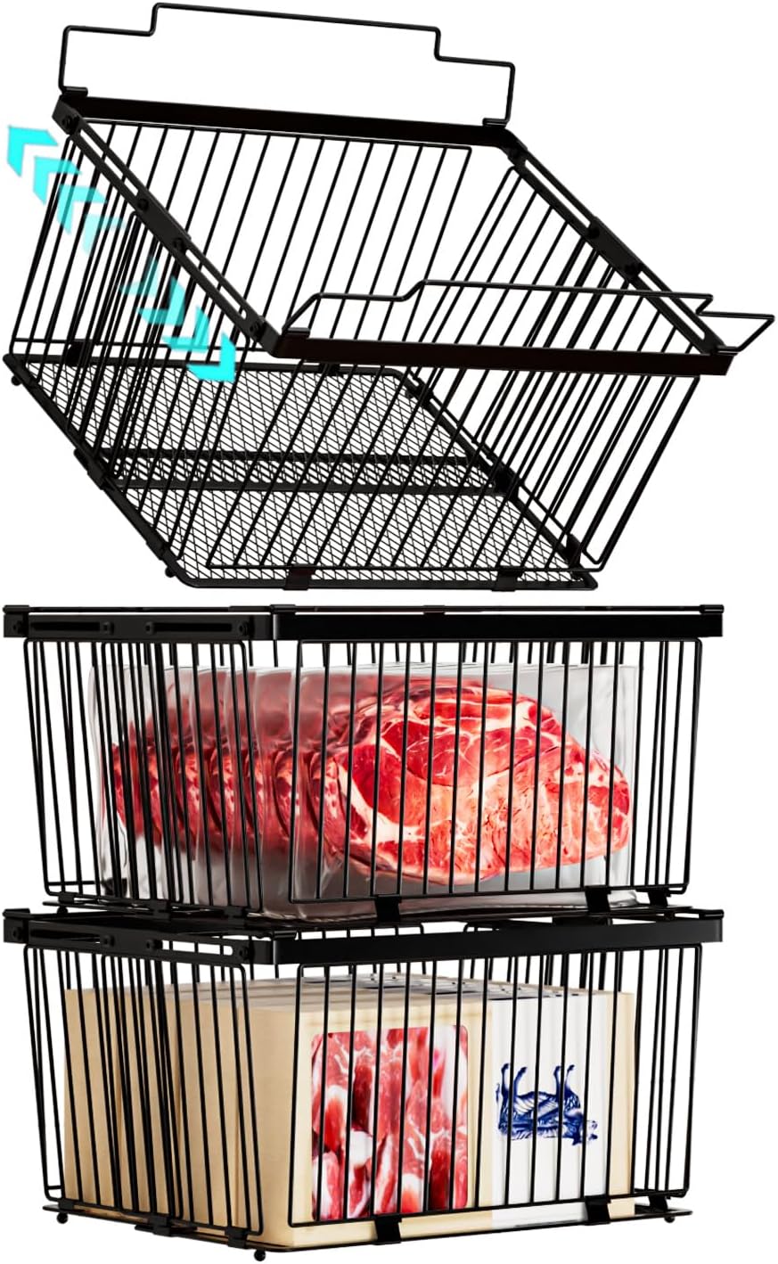 Large Freezer Organizer Bins，Upgraded Bottom Leak-Proof net，Fit 5 to 9 Cu Ft Chest Freezer，3 Pack， Expandable Stackable Chest Freezer Containers with Handle (Black-3Pack)